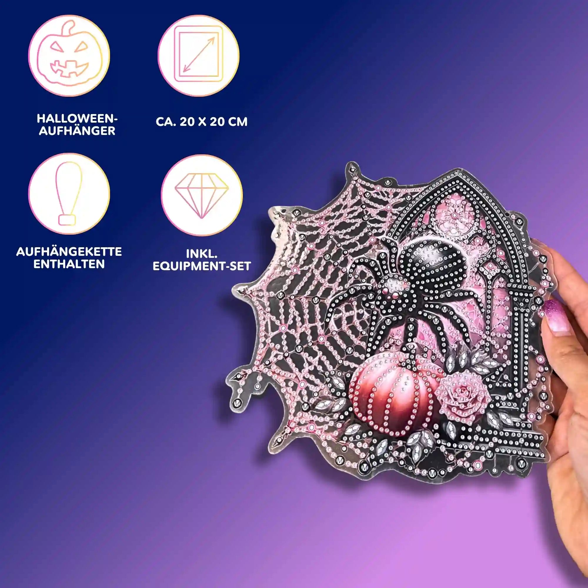 Diamond Painting Aufhänger Spinne in Pink und Schwarz als moderne Halloween DIY Deko für Fenster oder Türen