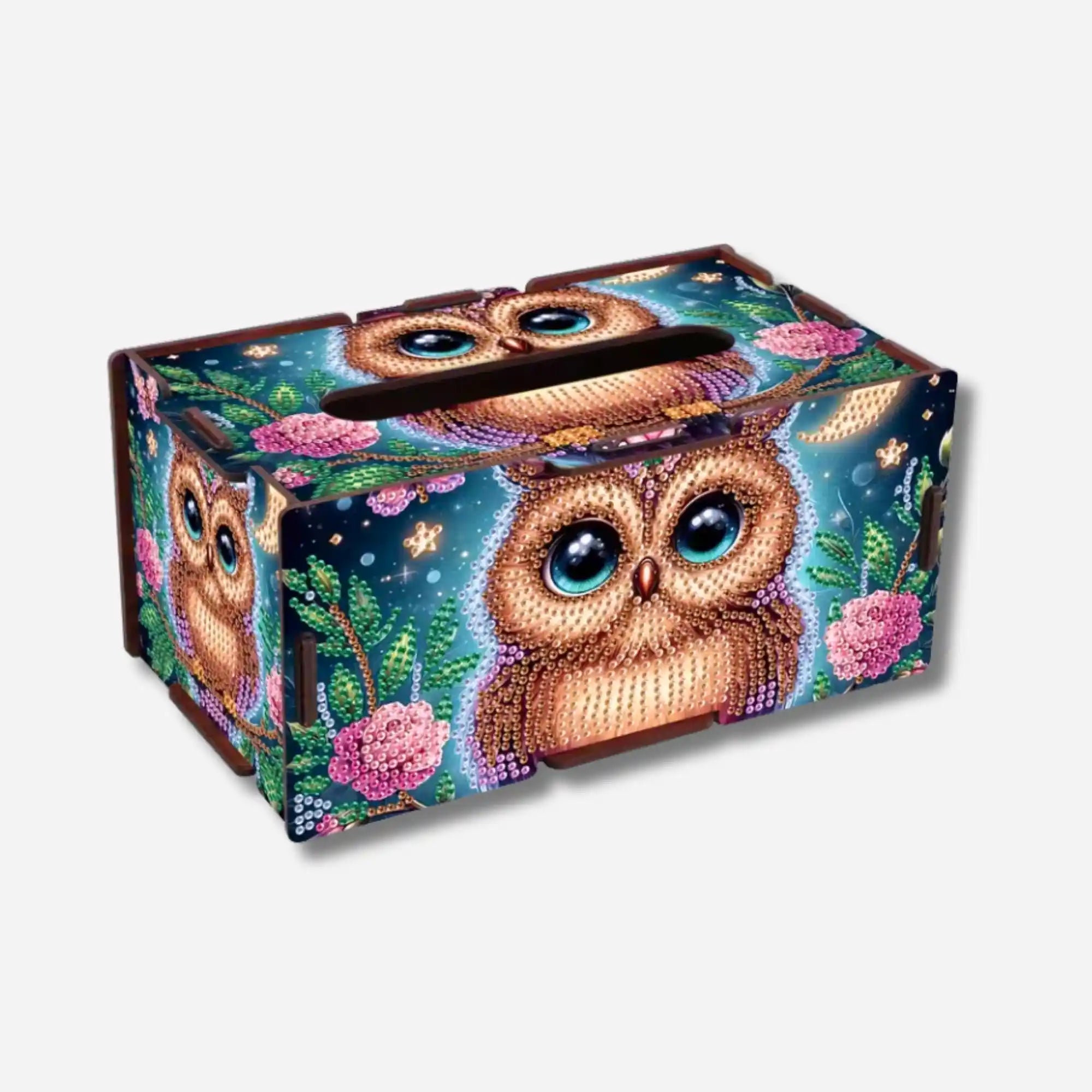 Diamond Painting Tücherbox mit niedlichem Eulenmotiv, verziert mit funkelnden runden Steinen als DIY-Bastelset