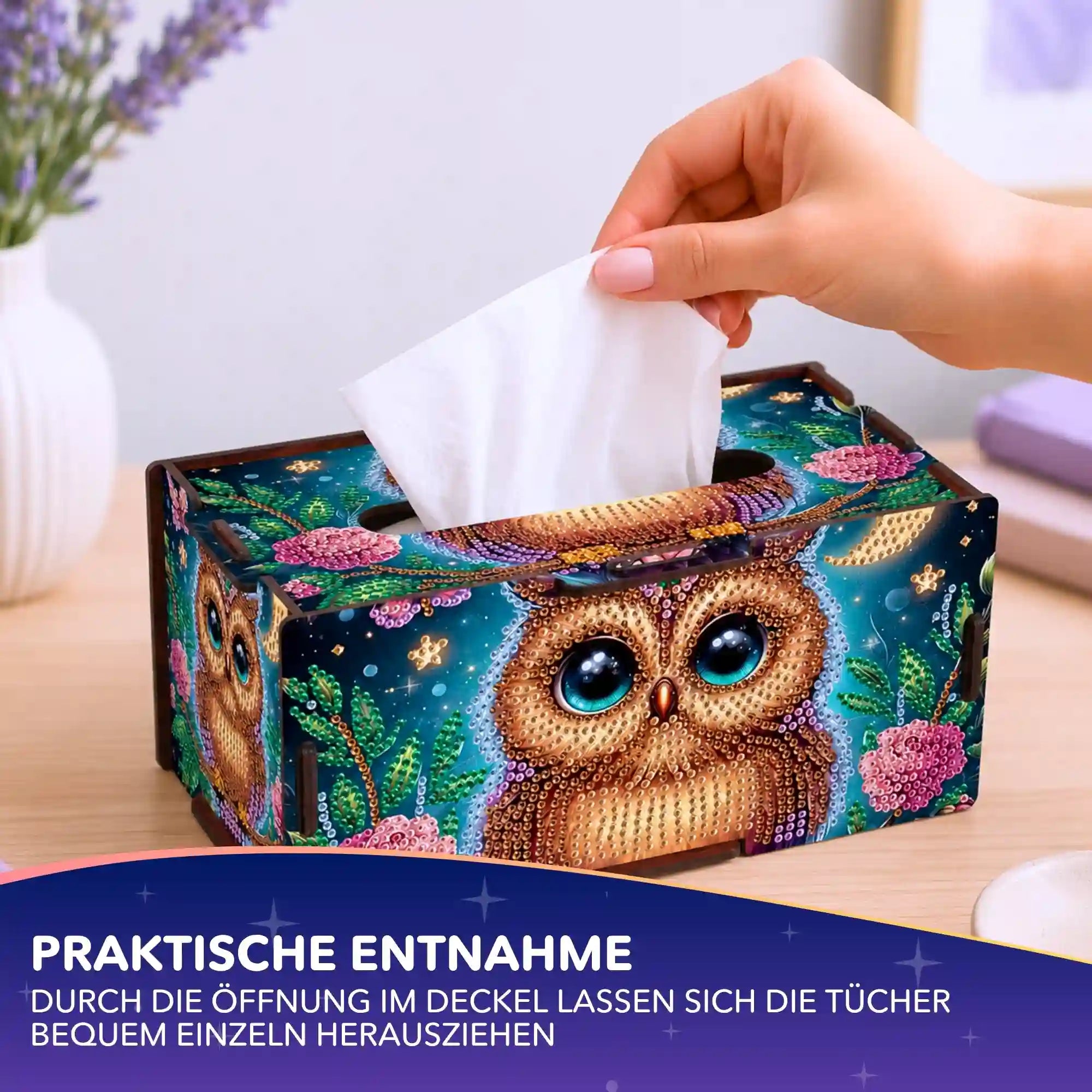 Diamond Painting Tücherbox mit Eulenmotiv und glitzernden Strasssteinen als dekoratives DIY-Set für Zuhause