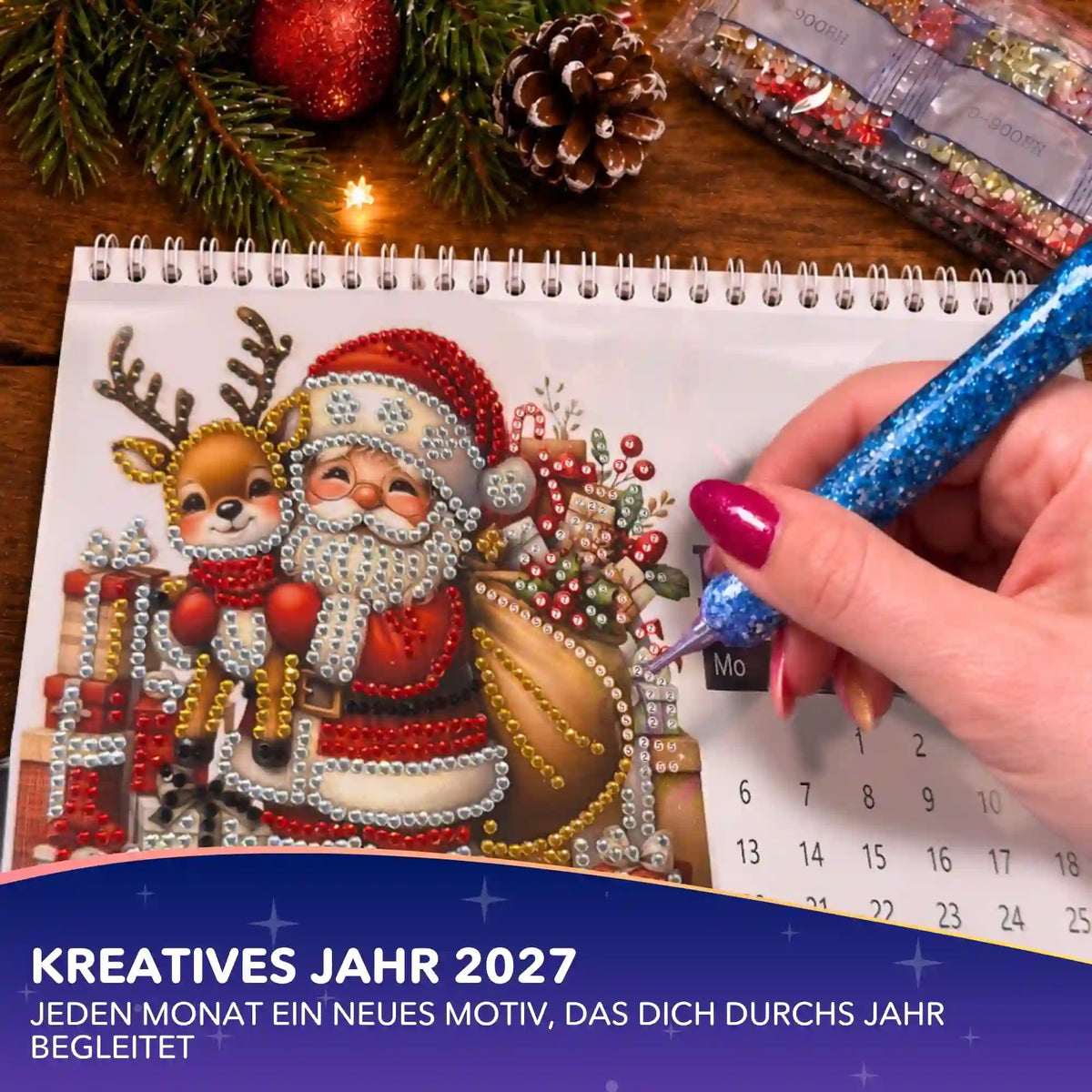 Diamond Painting Kalender 2027 mit Weihnachtsmotiv, bunten Glitzersteinen und glitzerndem Pen als kreatives Geschenk