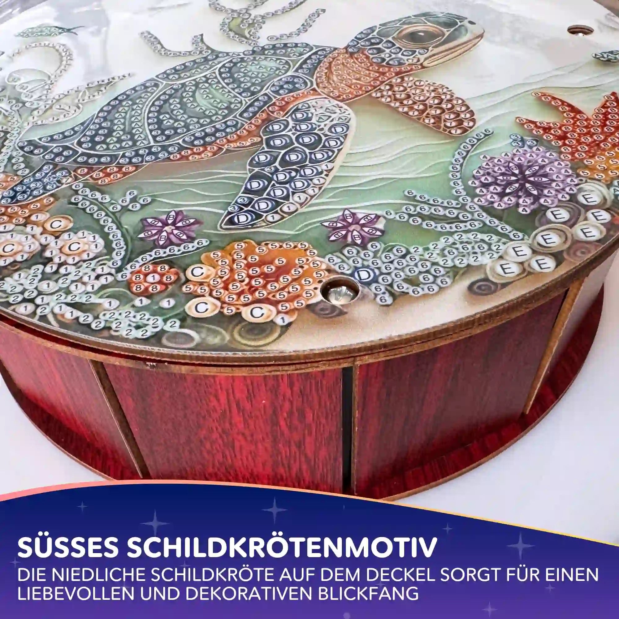 Runde Diamond Painting Aufbewahrungsbox mit Schildkröte Motiv, ideal zur organisierten Aufbewahrung von Zubehör und Steinen.