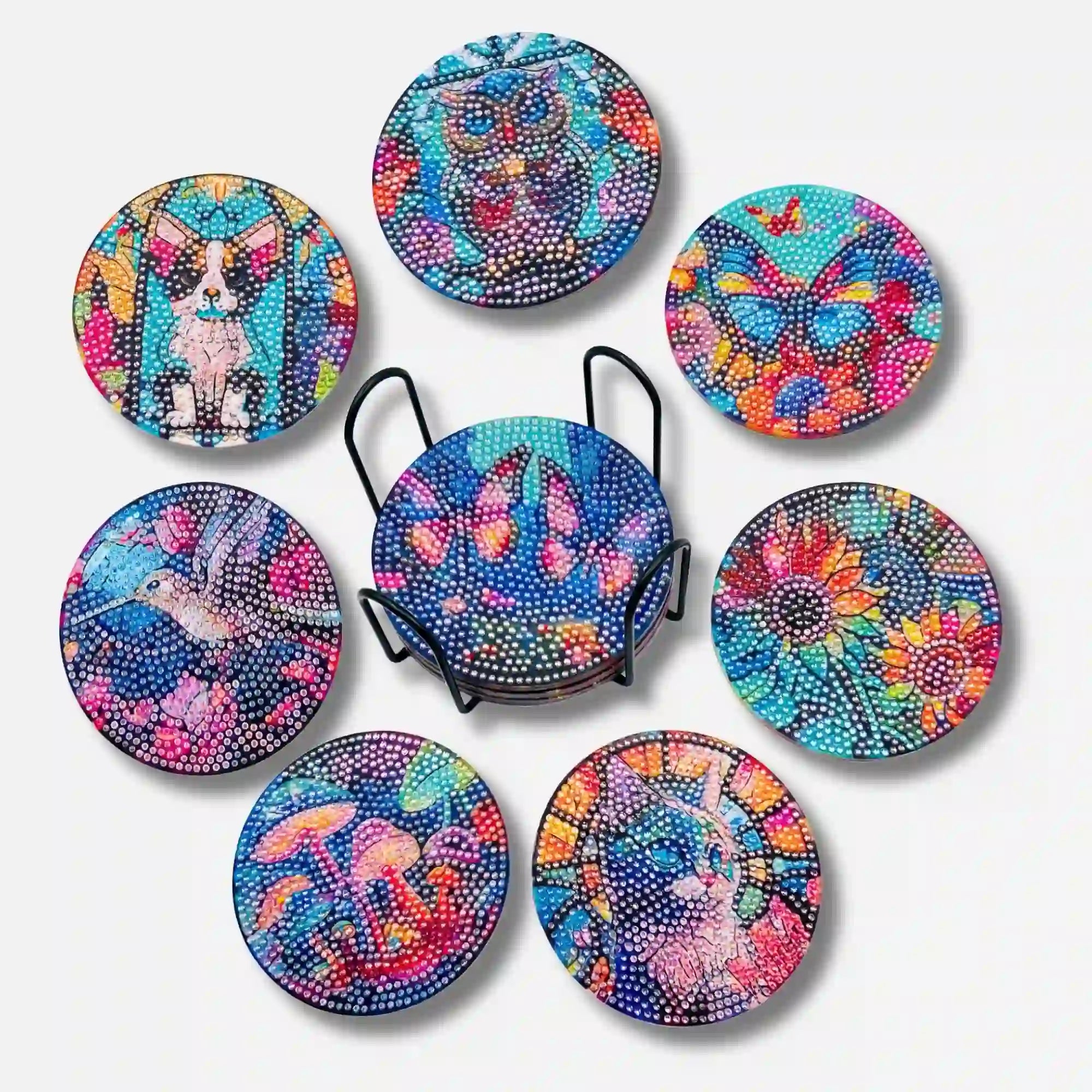 Diamond Painting Untersetzer Set Bunte Tierwelt mit glitzernden Steinchen und Halterung