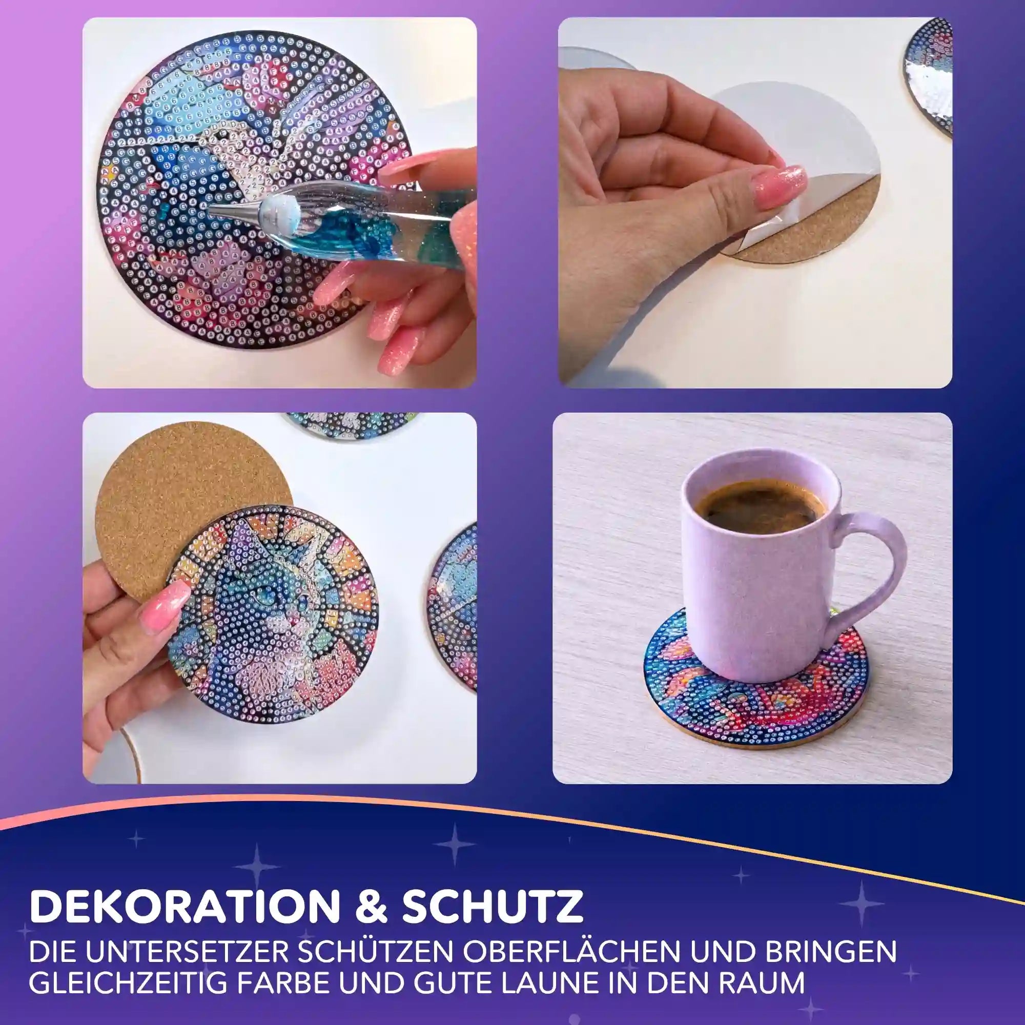 Diamond Painting Untersetzer Set mit bunten Tiermotiven, glitzernden Strass-Steinen und Kork-Rückseite für Tassen