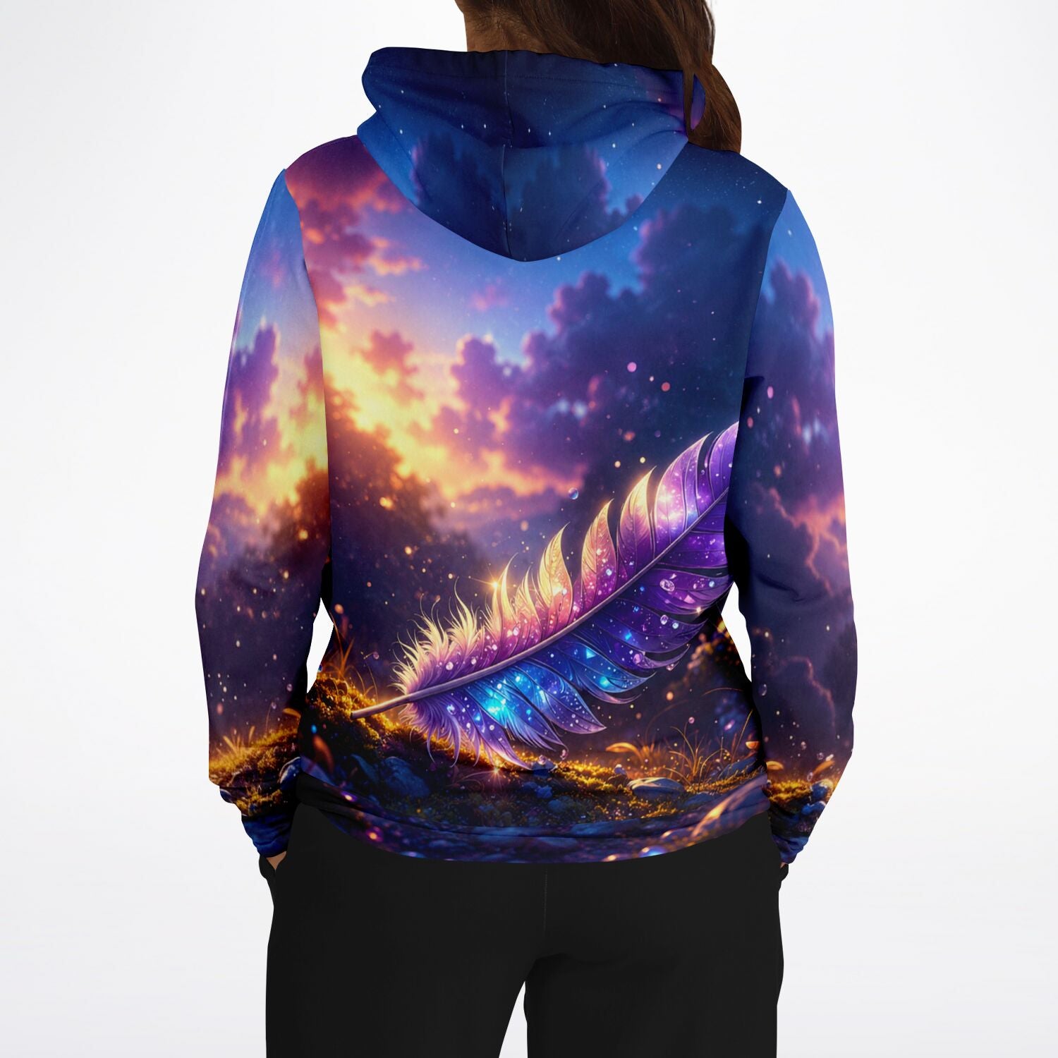 Dreamer Hoodie mit Feder im Sternenlicht Motiv, farbenfroher Allover-Druck im Stil unserer Diamond Painting Designs
