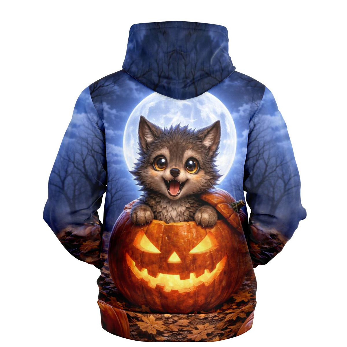 Dreamer Hoodie mit niedlichem Mondwolf in Kürbis vor Vollmond-Motiv, perfekt für Fans von Malen nach Zahlen Designs.
