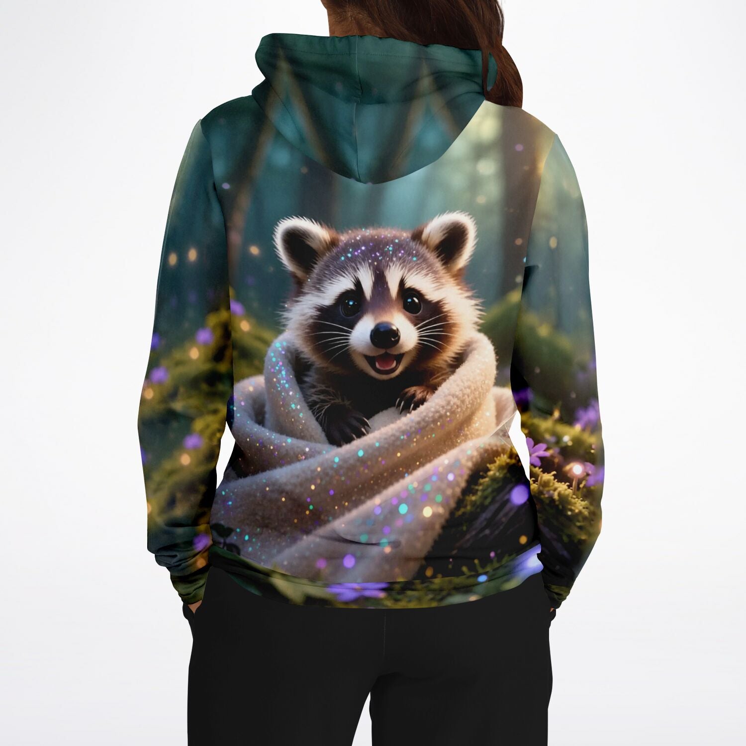 Dreamer Hoodie mit Waschbär-Motiv, das an glitzernde Diamond Painting Kunstwerke erinnert, in Natur-Optik