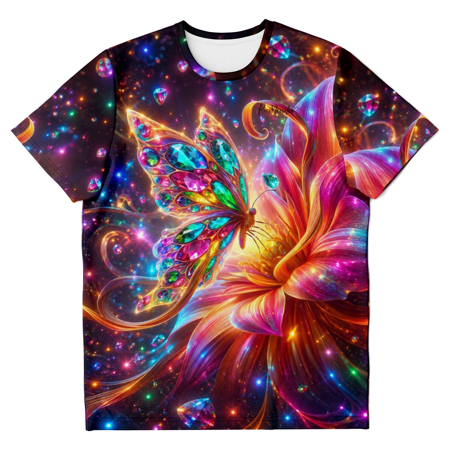 T-Shirt mit buntem Schmetterling und Blume im Diamond Painting Stil und leuchtenden Farbakzenten für DIY Fans