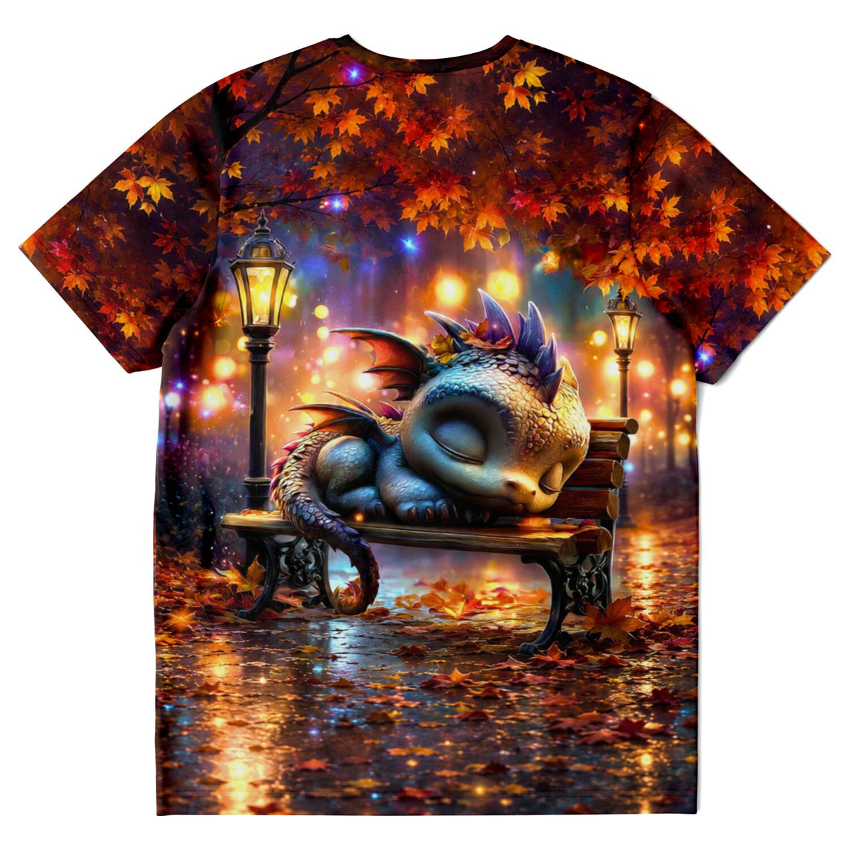 T-Shirt mit schlafendem Drachen auf Parkbank im Herbstwald, wie beliebt bei Diamond Painting oder Malen nach Zahlen Fans
