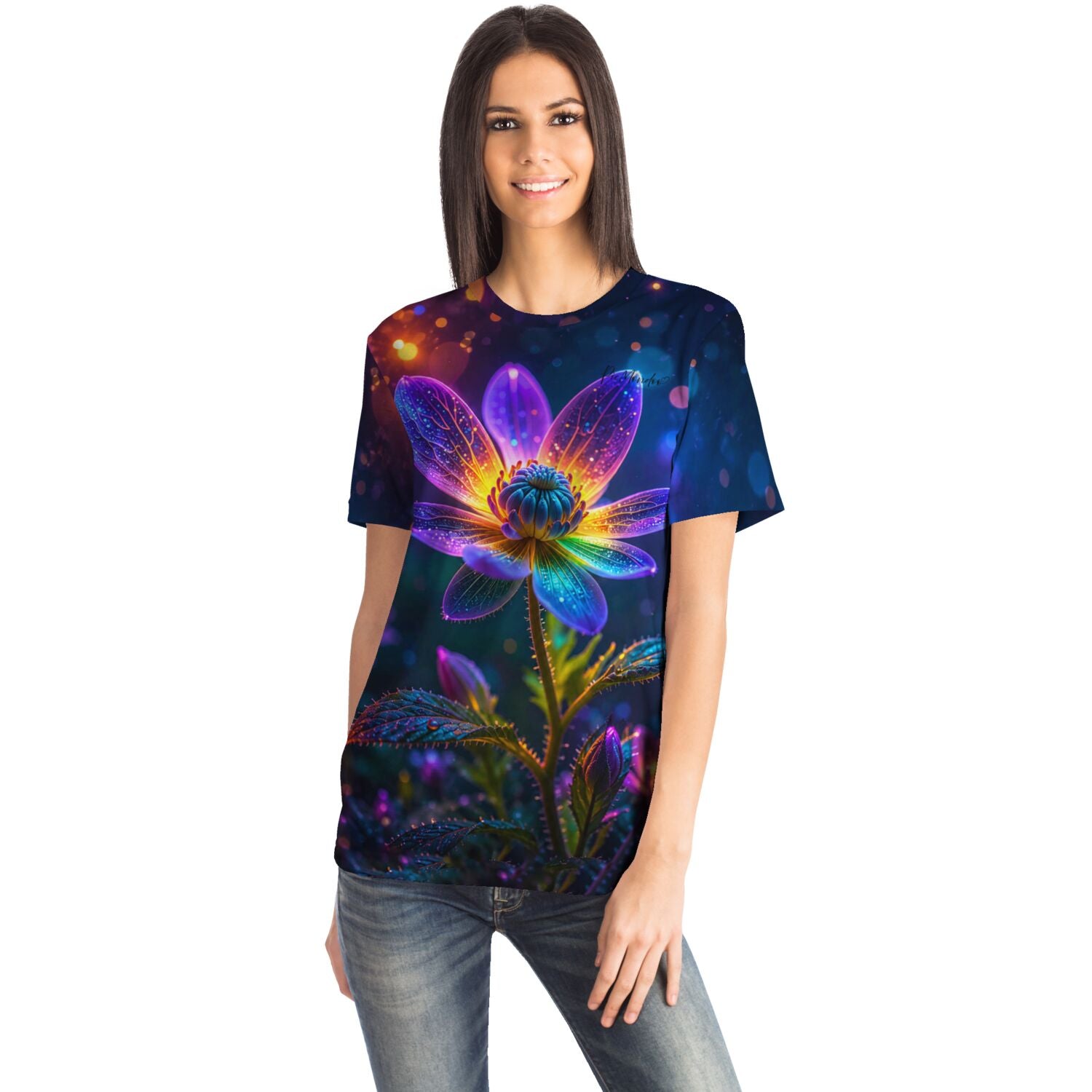 Frau trägt Dreamer T-Shirt mit leuchtendem Blumenmotiv im Stil von Diamond Painting Kunstwerken