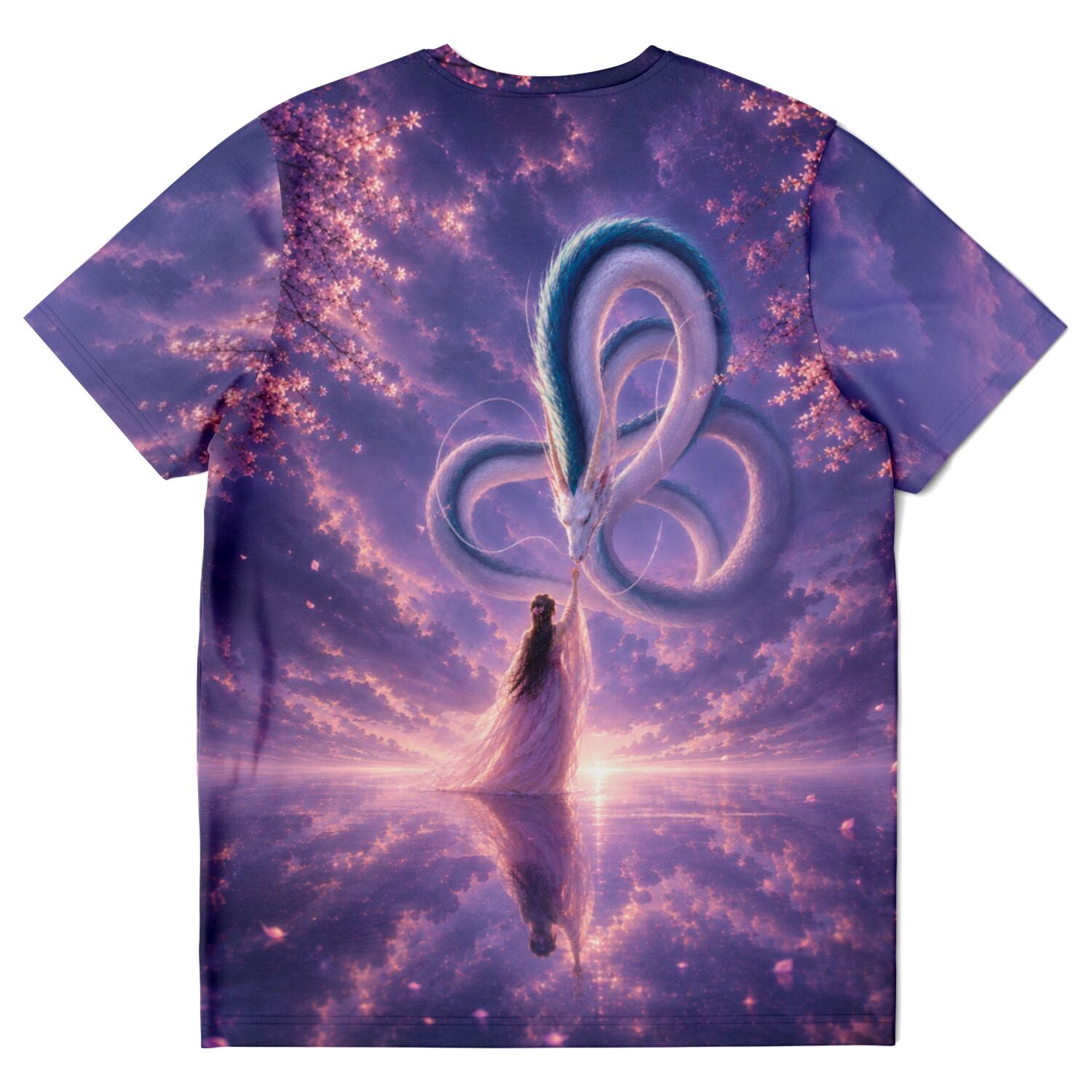 Dreamer T-Shirt mit Fantasy-Motiv: Frau und Drache in lila Abendhimmel, inspiriert von Diamond Painting Kunststilen.