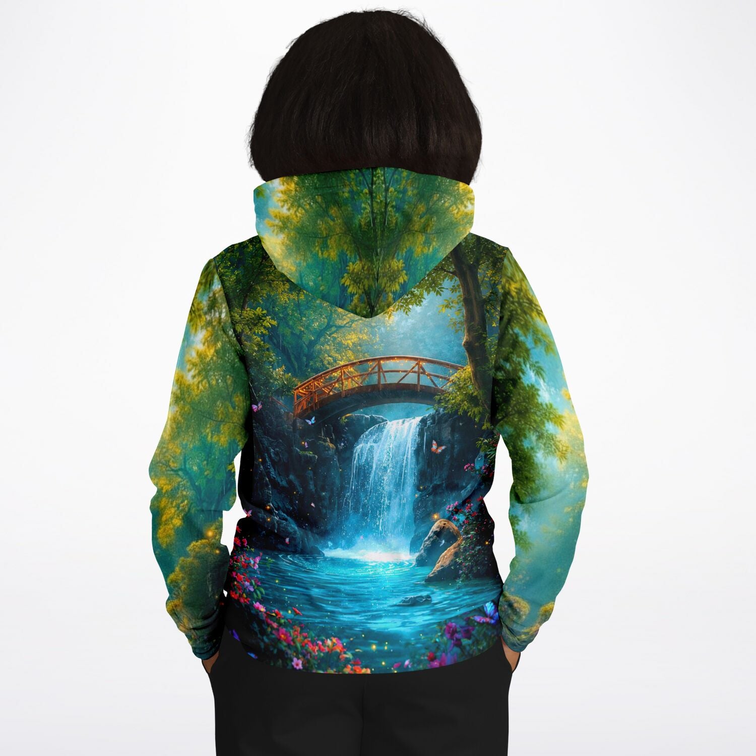 Dreamer Hoodie mit Brücke der Träume Motiv, Wasserfall Design als All-Over-Print im Stil von Malen nach Zahlen Kunst