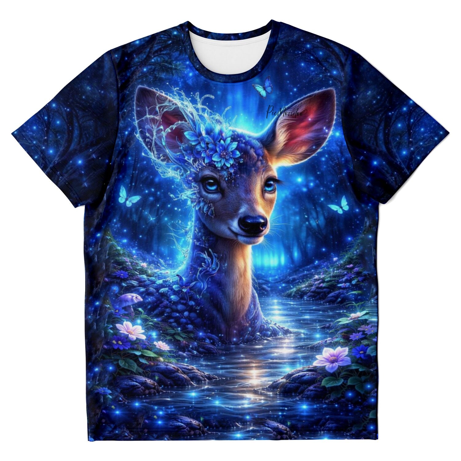 T-Shirt Hüterin des Herzens mit magischem Hirsch, Blumen und Schmetterlingen im blau leuchtenden Wald-Design