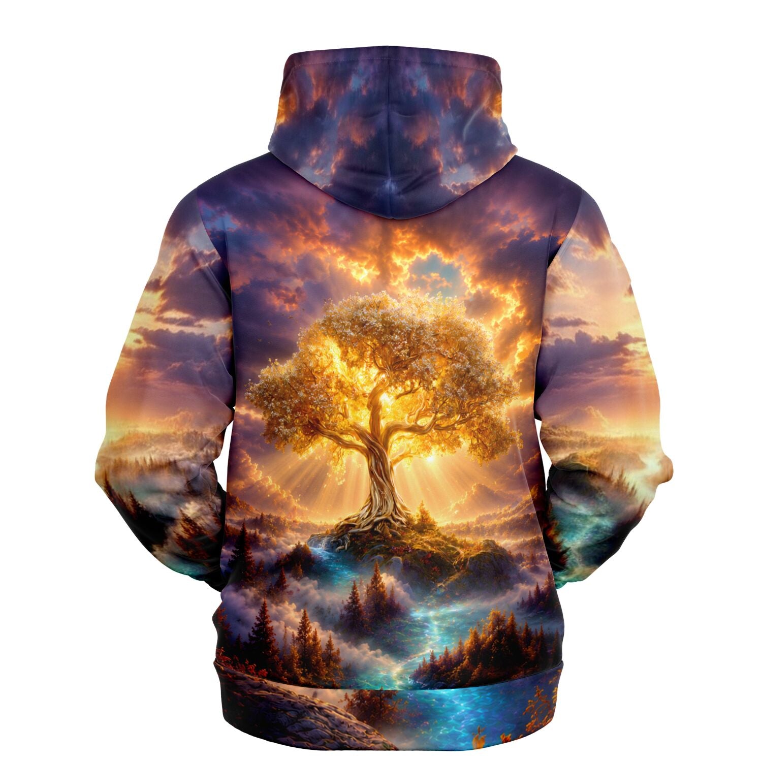 Dreamer Hoodie mit goldenem Weltenbaum Motiv, mystischer Wald bei Sonnenuntergang als Ganzkörperdruck auf Kapuzenpullover