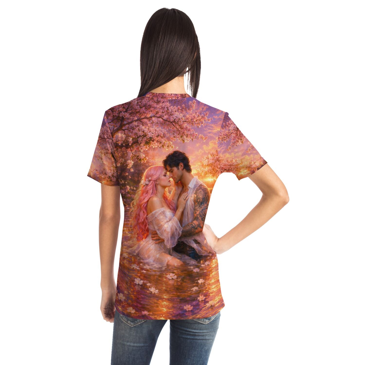 T-Shirt mit romantischem Liebespaar im Kirschblüten-Motiv, inspiriert von Diamond Painting und Malen nach Zahlen Stil