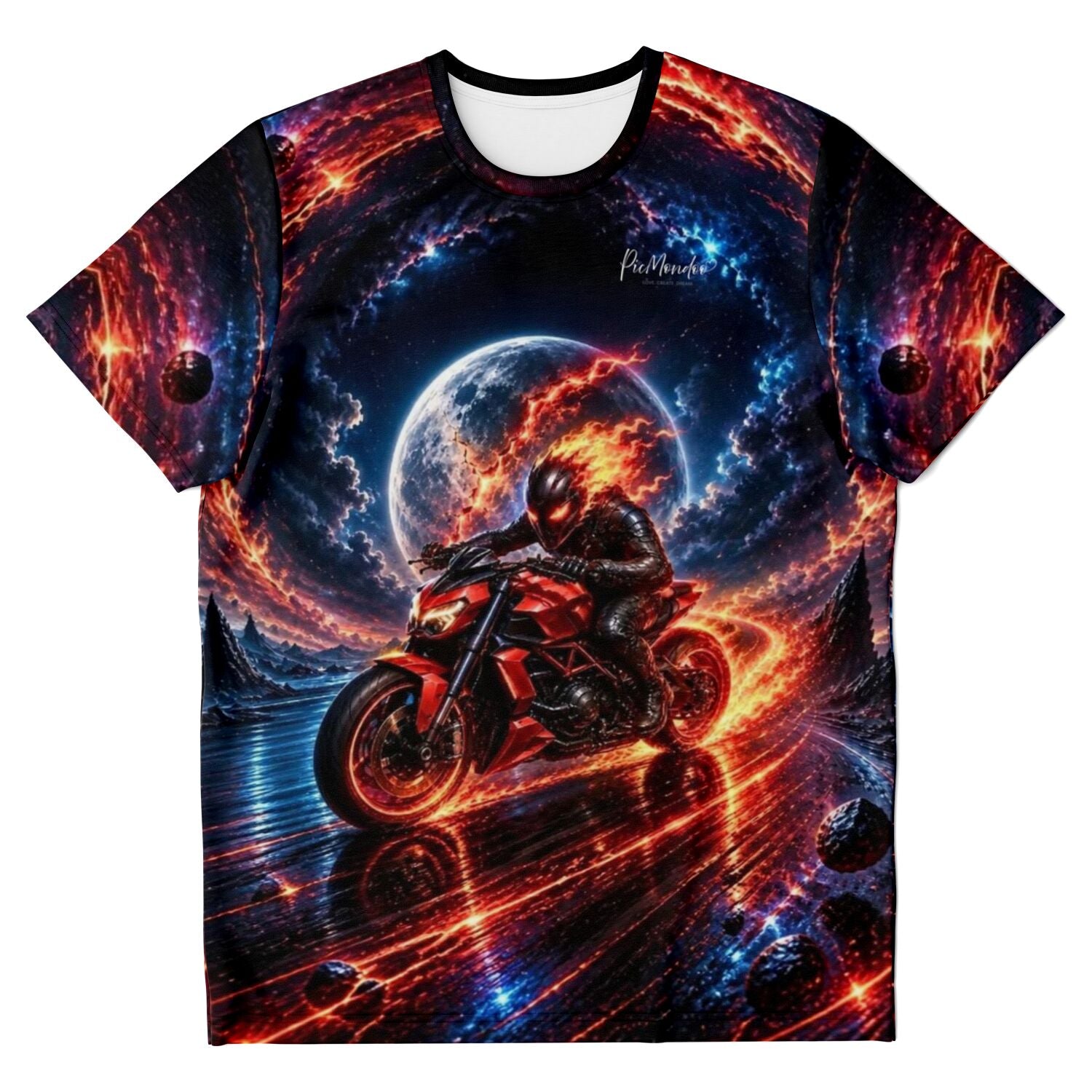 T-Shirt mit Grenzgänger Motiv: Biker auf Motorrad vor brennendem Hintergrund und Mond, im Stil von Diamond Painting Kunst.
