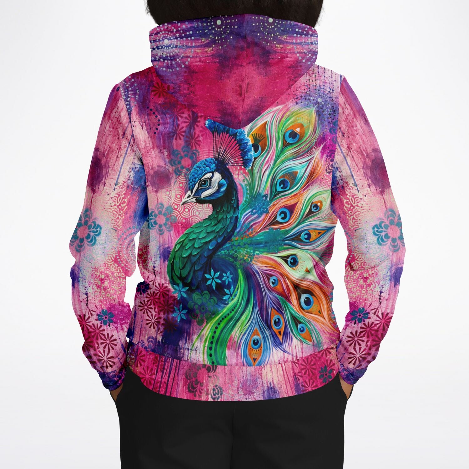 Hoodie mit buntem Pfauen-Motiv im Stil von Diamond Painting und Malen nach Zahlen Kunstwerken in leuchtenden Farben.