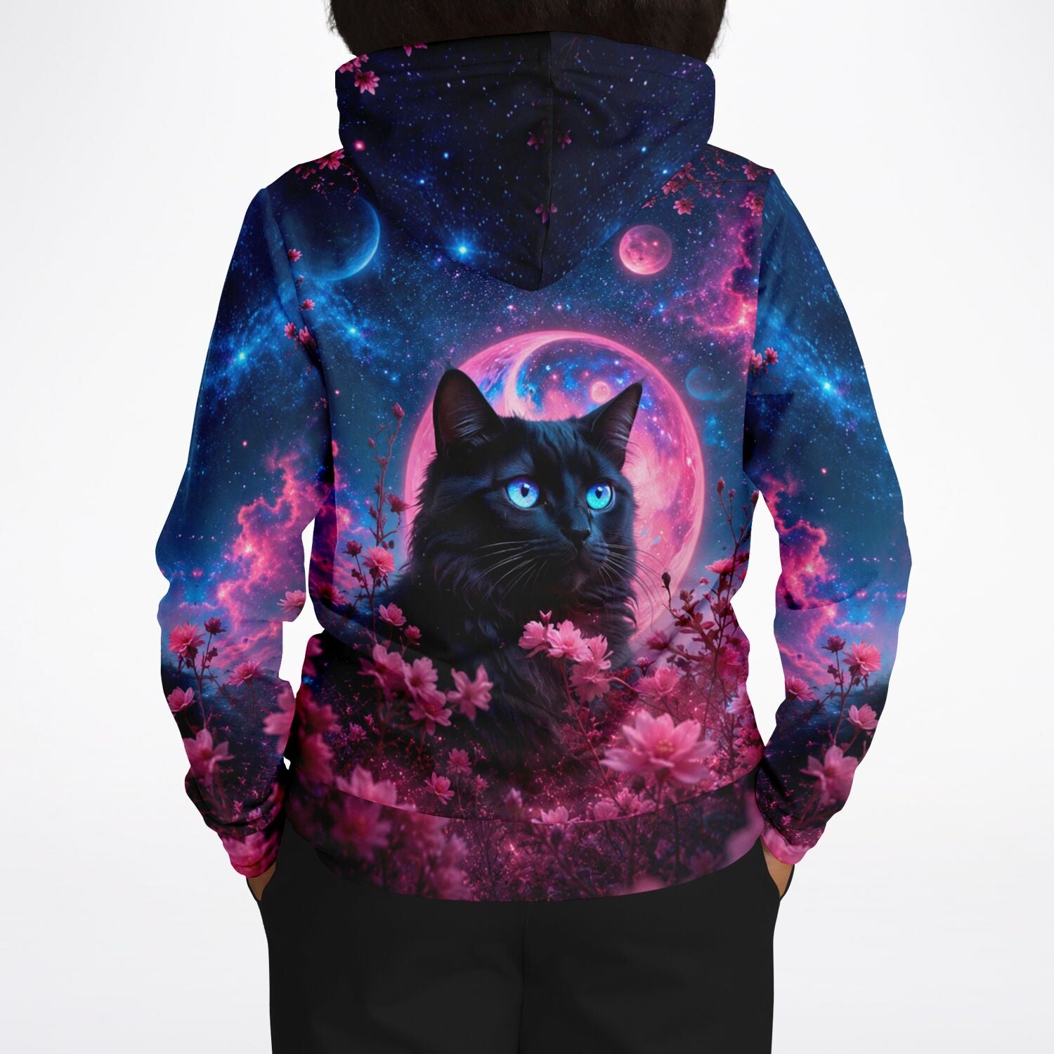 Hoodie mit schwarzer Katze, blauen Augen und Weltraum-Blumen-Print in leuchtenden Farben wie Malen nach Zahlen Design