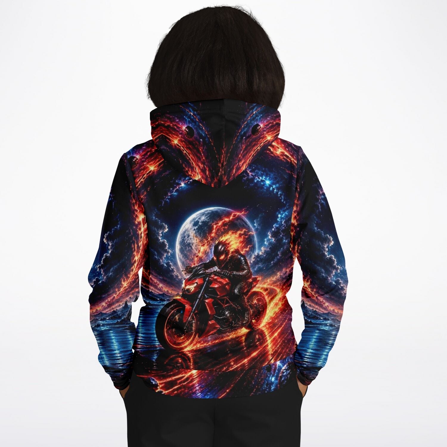 Dreamer Hoodie mit feurigem Motorrad-Motiv vor Weltraum-Hintergrund und Vollmond in aufwendigem AOP-Design