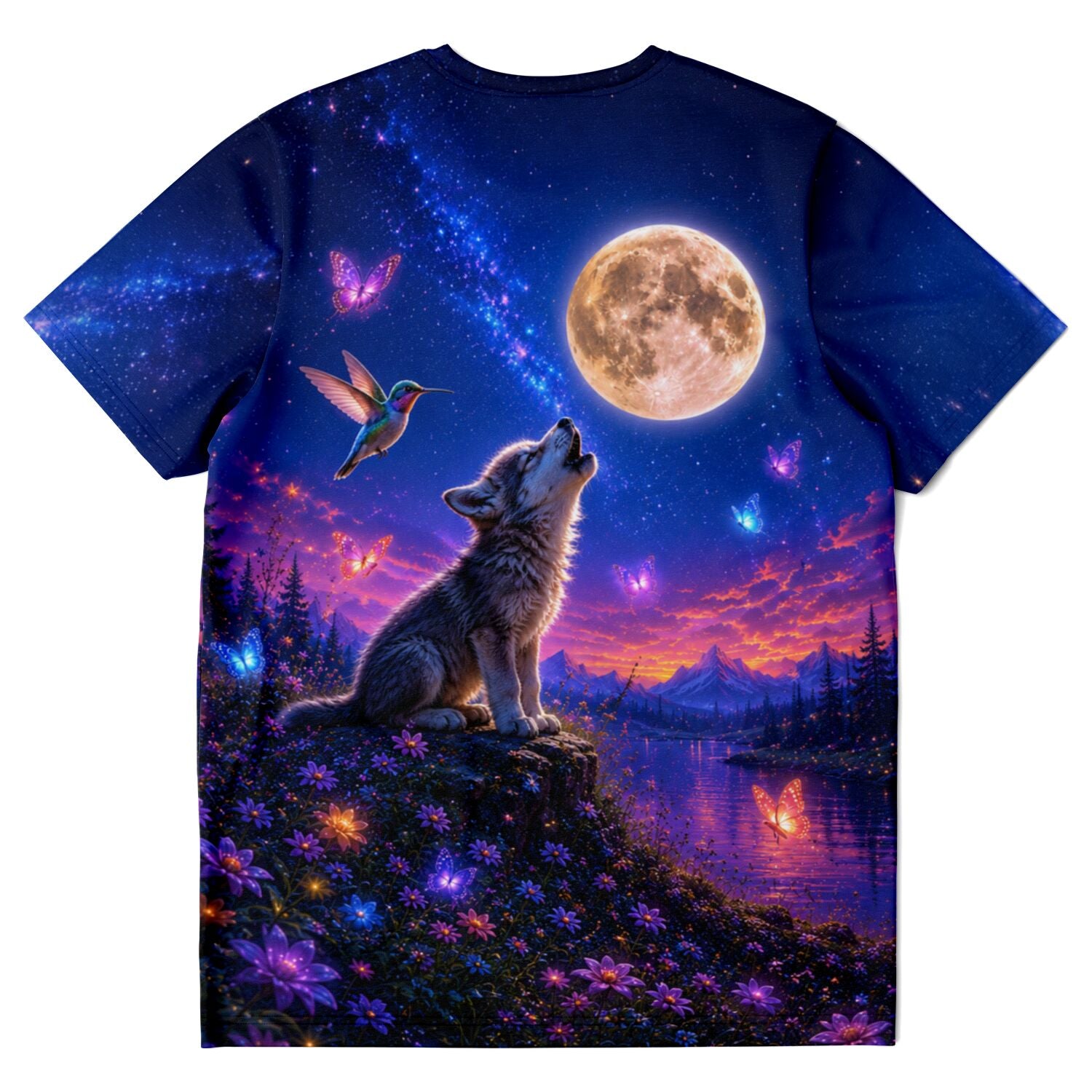 T-Shirt mit verträumtem Wolf-Motiv, Vollmond, Kolibri und leuchtenden Schmetterlingen in leuchtenden Farben