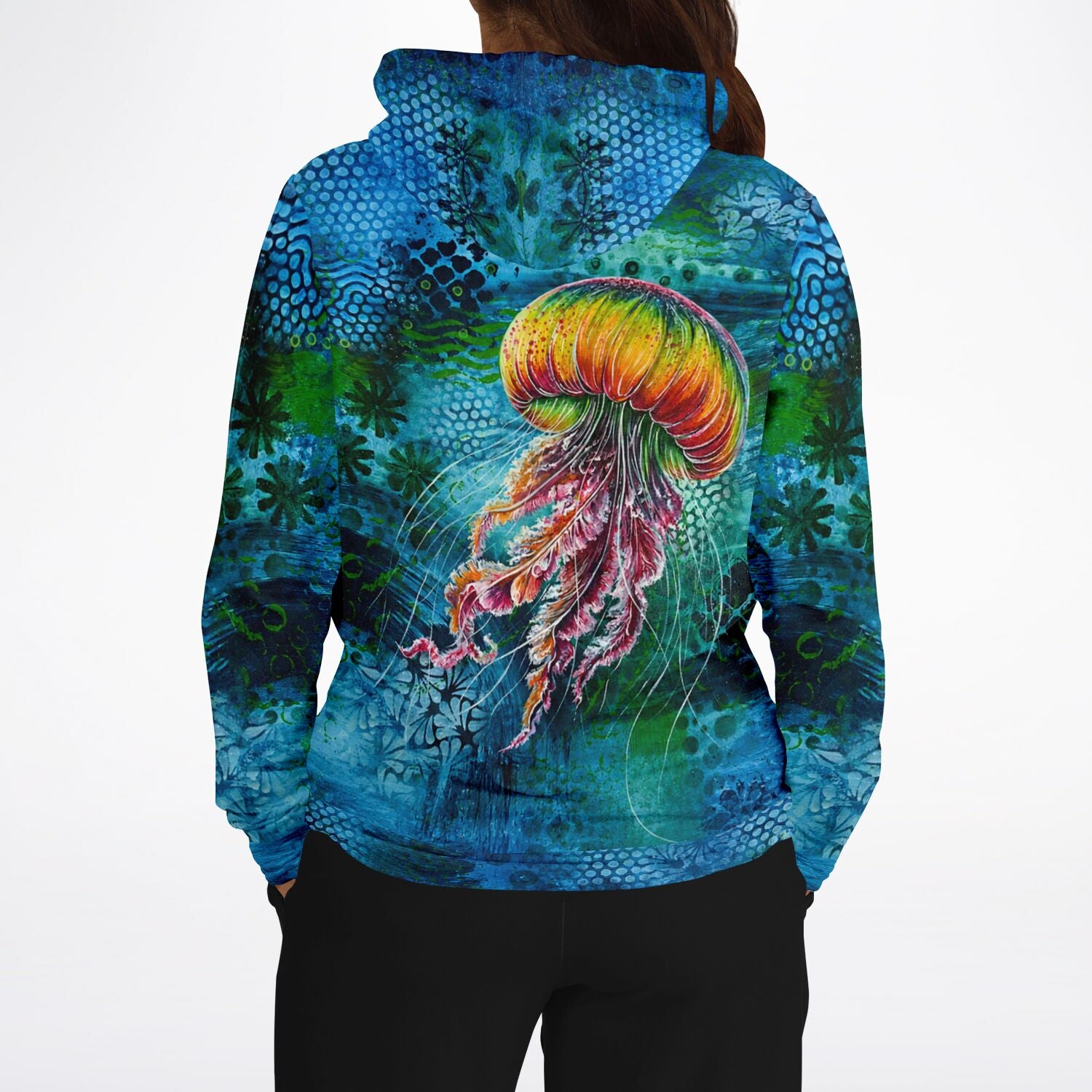 Dreamer Hoodie mit buntem Medusa Solaris Motiv, All-over-Print Design in Blau- und Grüntönen für Kunstliebhaber.