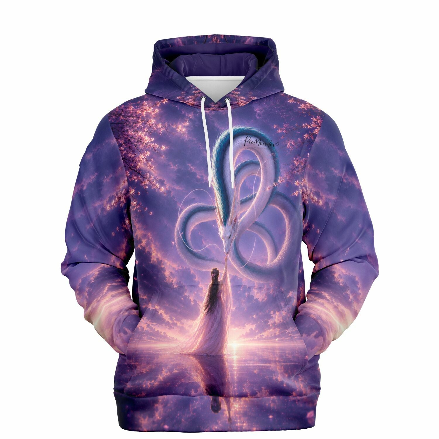 Dreamer Hoodie mit Fantasy-Motiv: Mädchen und Drache vor violettem Kirschblüten-Himmel im Stil von Diamond Painting