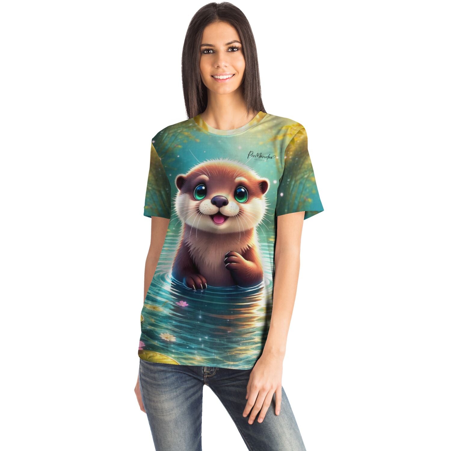 Frau trägt ein T-Shirt mit niedlichem Otter-Motiv, das den Kunststil unserer Diamond Painting und Malen nach Zahlen Sets hat.
