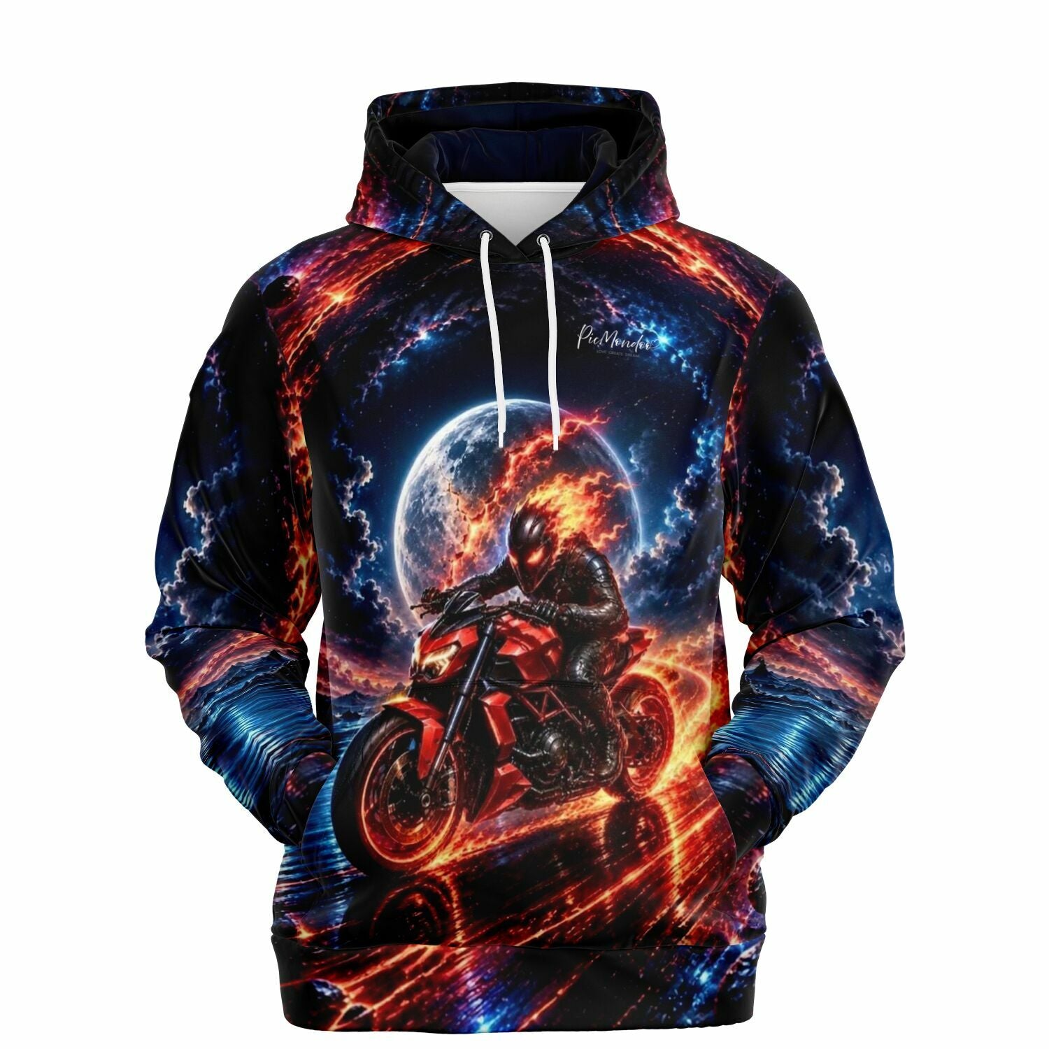 Dreamer Hoodie von Picmondoo mit feurigem Motorrad-Motiv, Grenzgänger Design und vollflächigem All-Over-Print