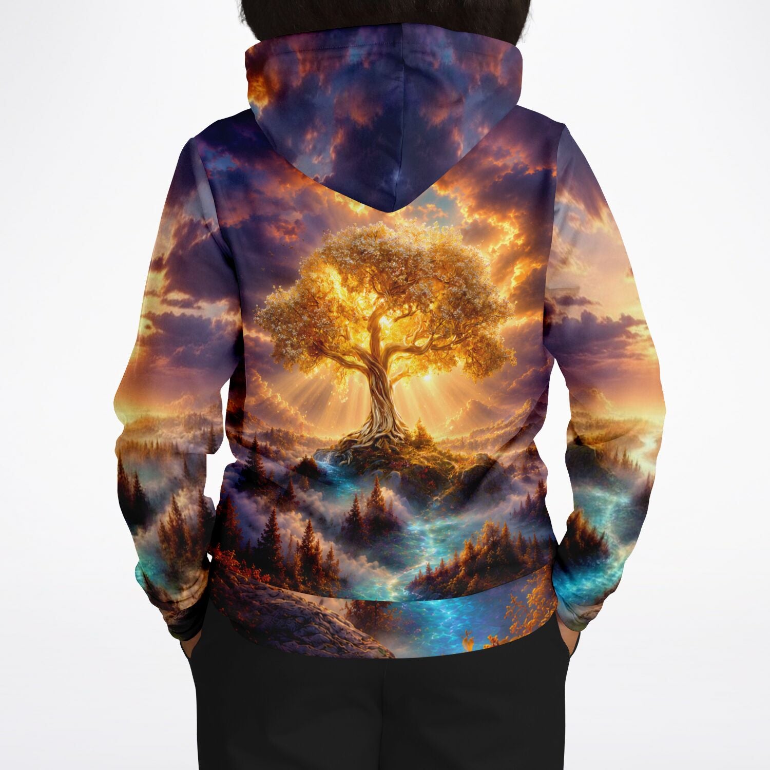Dreamer Hoodie mit goldenem Weltenbaum Motiv, im Stil populärer Diamond Painting und Malen nach Zahlen Kunstwerke.