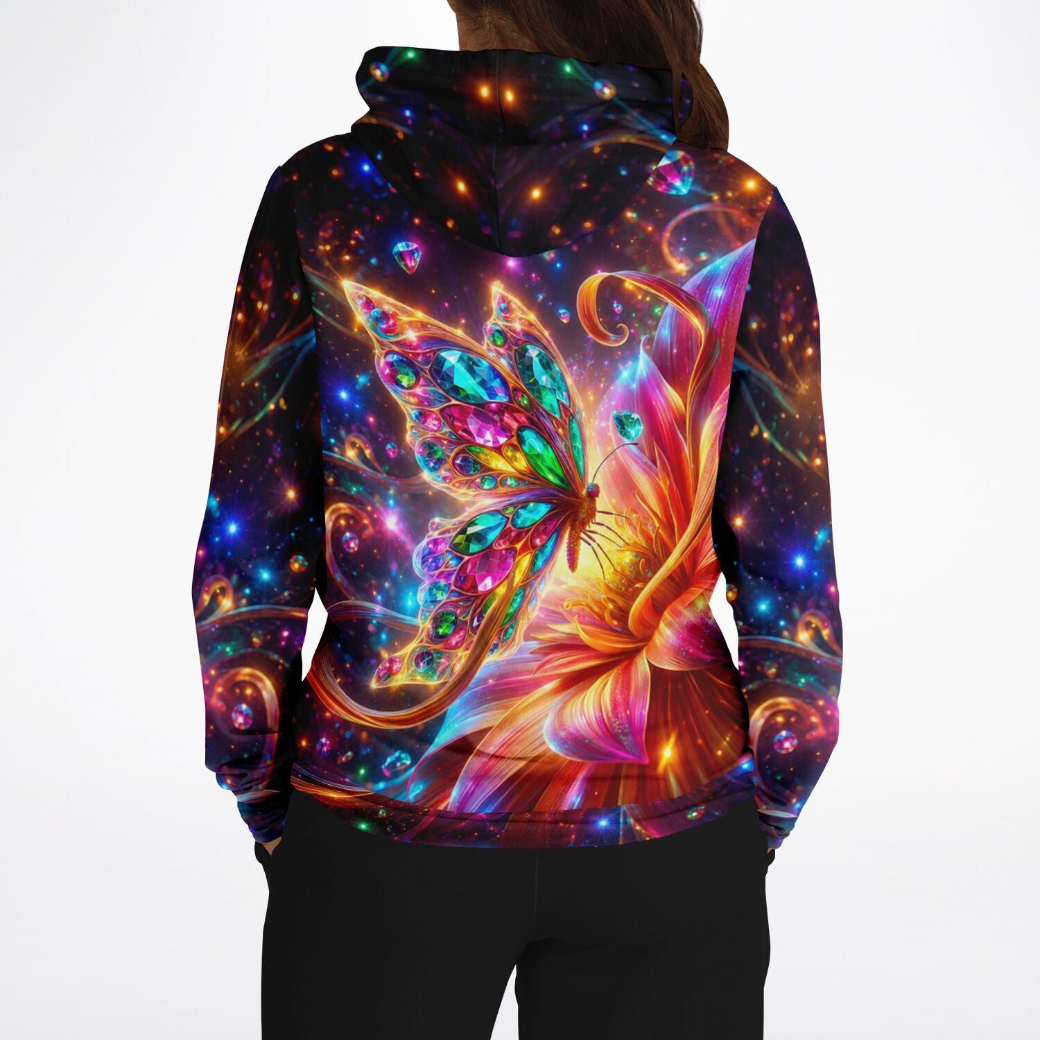 Hoodie mit buntem Schmetterling im Diamond Painting Design, farbenfrohe Glitzersteine und Blumen auf dunklem Hintergrund.
