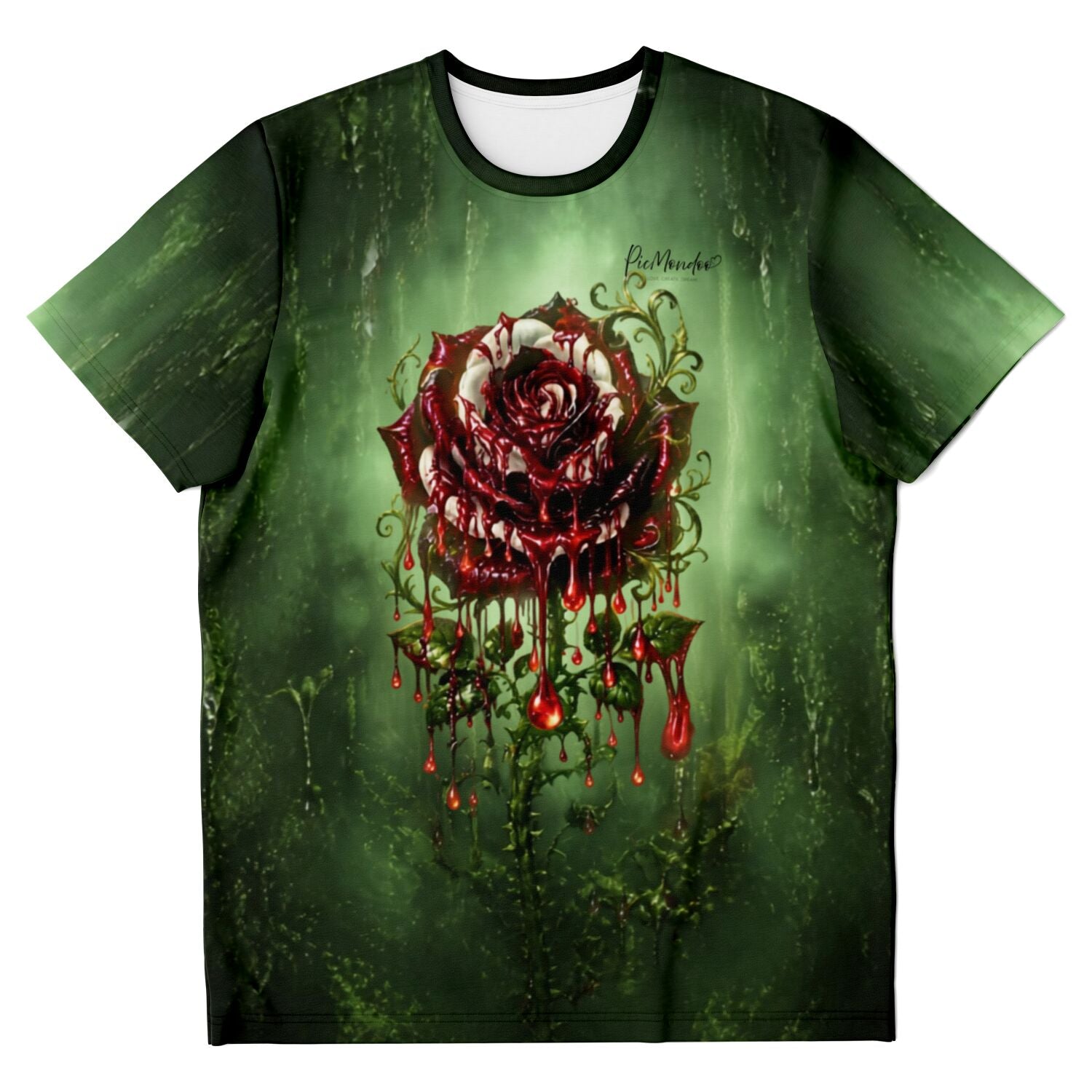 Dreamer T-Shirt von Picmondoo mit Motiv einer blutenden Rose in Rot und Grün, ideal für Diamond Painting Fans.
