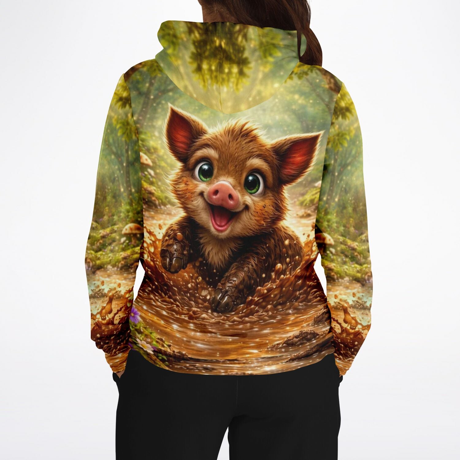 Dreamer Hoodie Pfützenglück mit niedlichem Wildschwein Motiv im Wald, ideal für Fans von Malen nach Zahlen und Kunst.