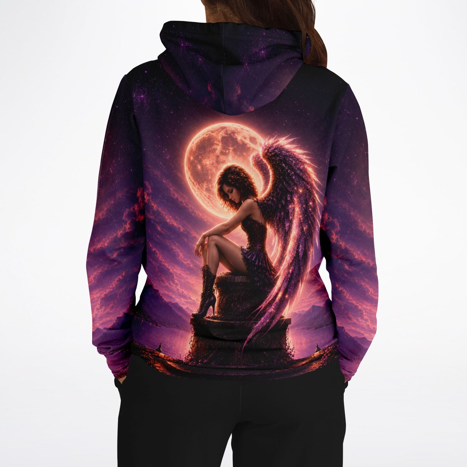 Dreamer Hoodie Aurelia Nachtflügel mit Engel Motiv vor Vollmond, im Stil von Diamond Painting und Malen nach Zahlen