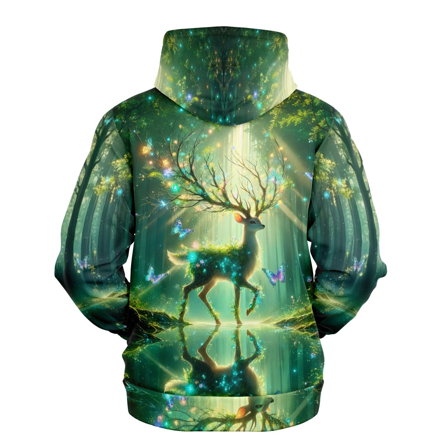 Dreamer Hoodie Wächter der verborgenen Lichtung mit magischem Hirsch, Schmetterlingen und Waldmotiv im Allover-Print