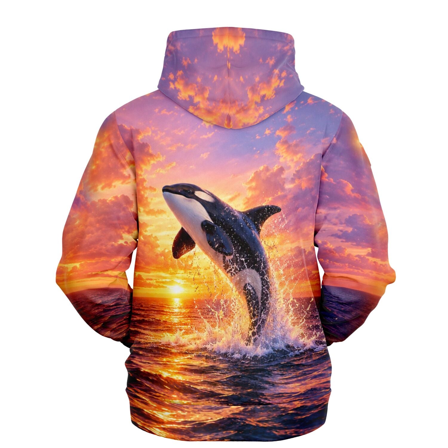 Dreamer Hoodie mit springendem Orca im Ozean bei Sonnenuntergang, hochwertiger All-Over-Print für Abenteurer