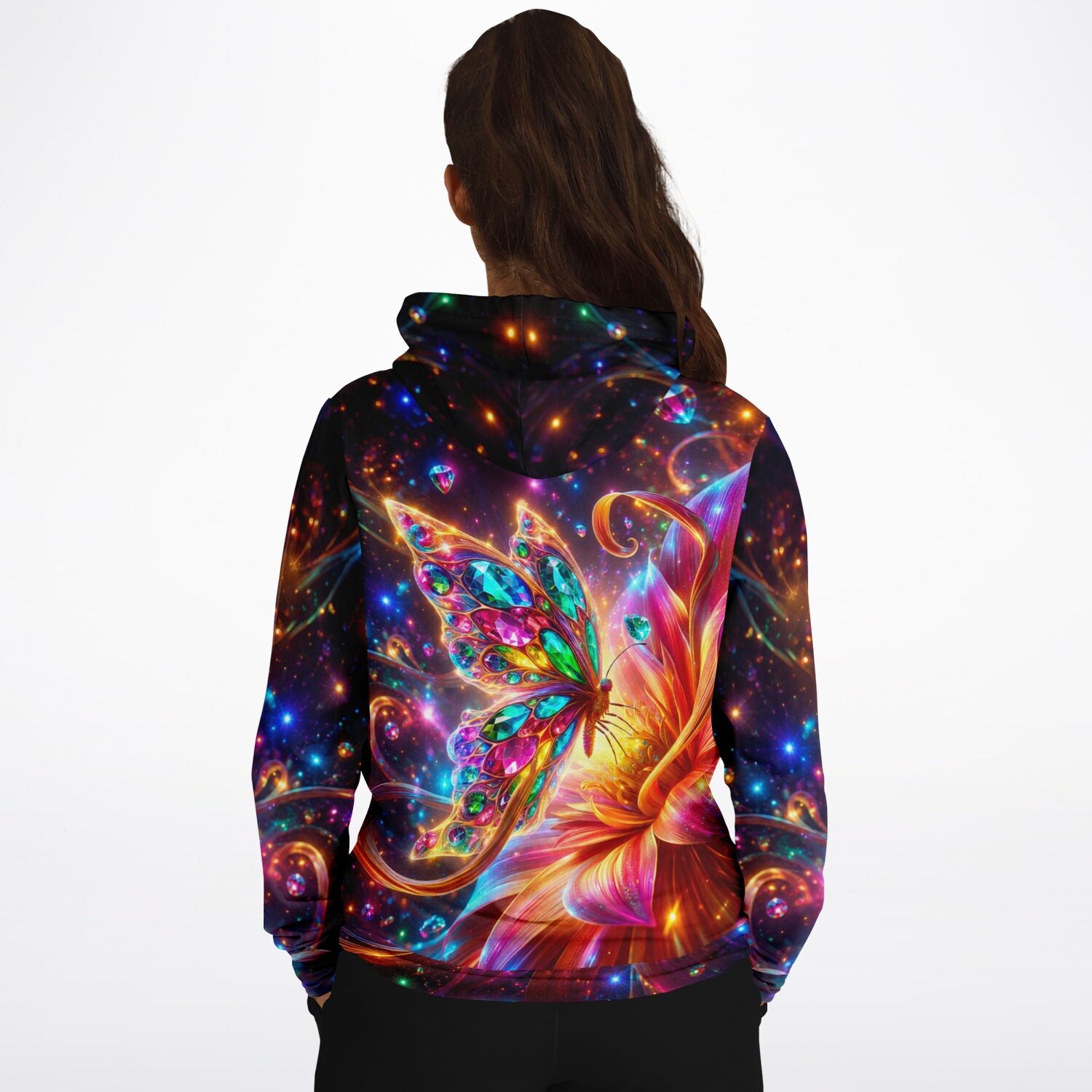 Hoodie mit leuchtendem Schmetterlings-Motiv im Stil von Diamond Painting und funkelnden Farben für kreative Fans