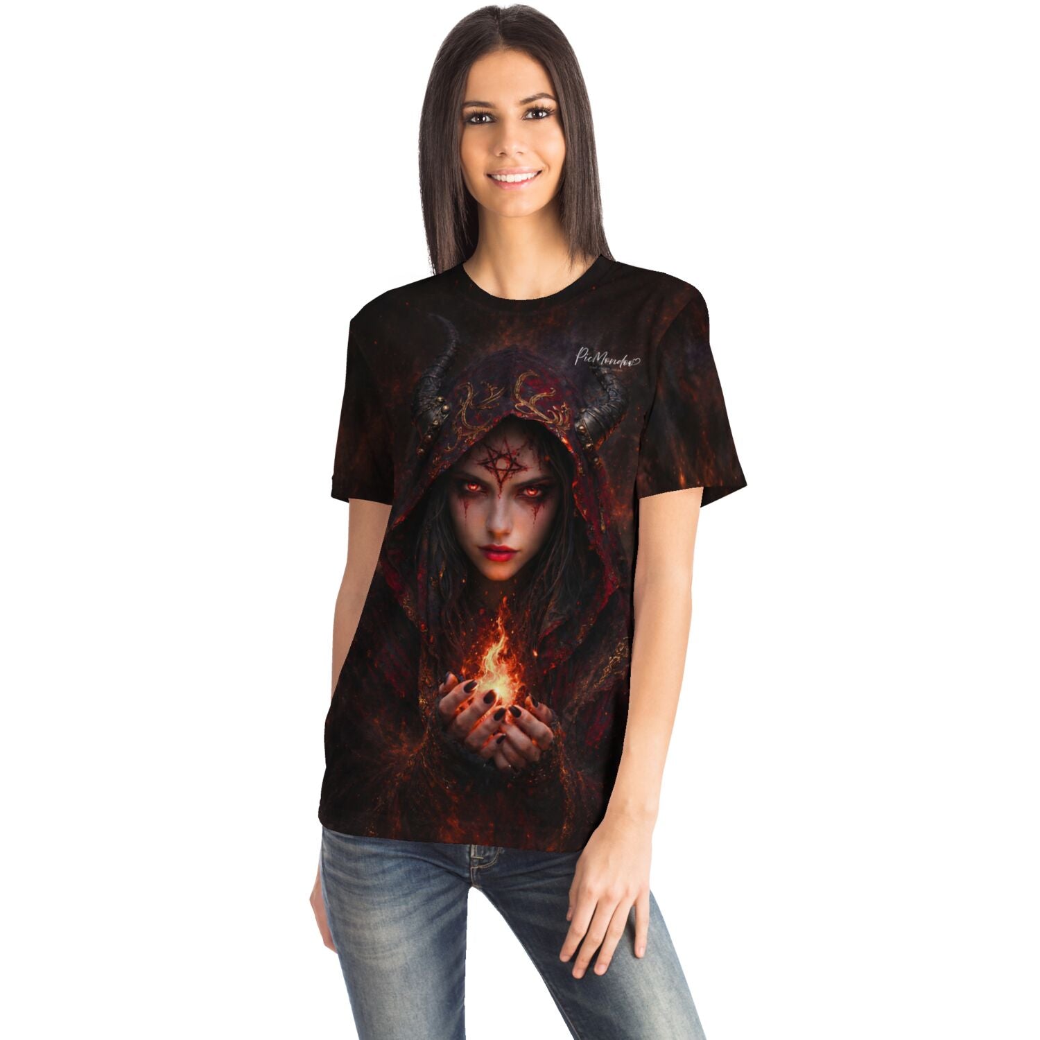 Frau trägt Lilith Motiv T-Shirt mit Flammen Design, passend zu Fanart von Diamond Painting und Malen nach Zahlen