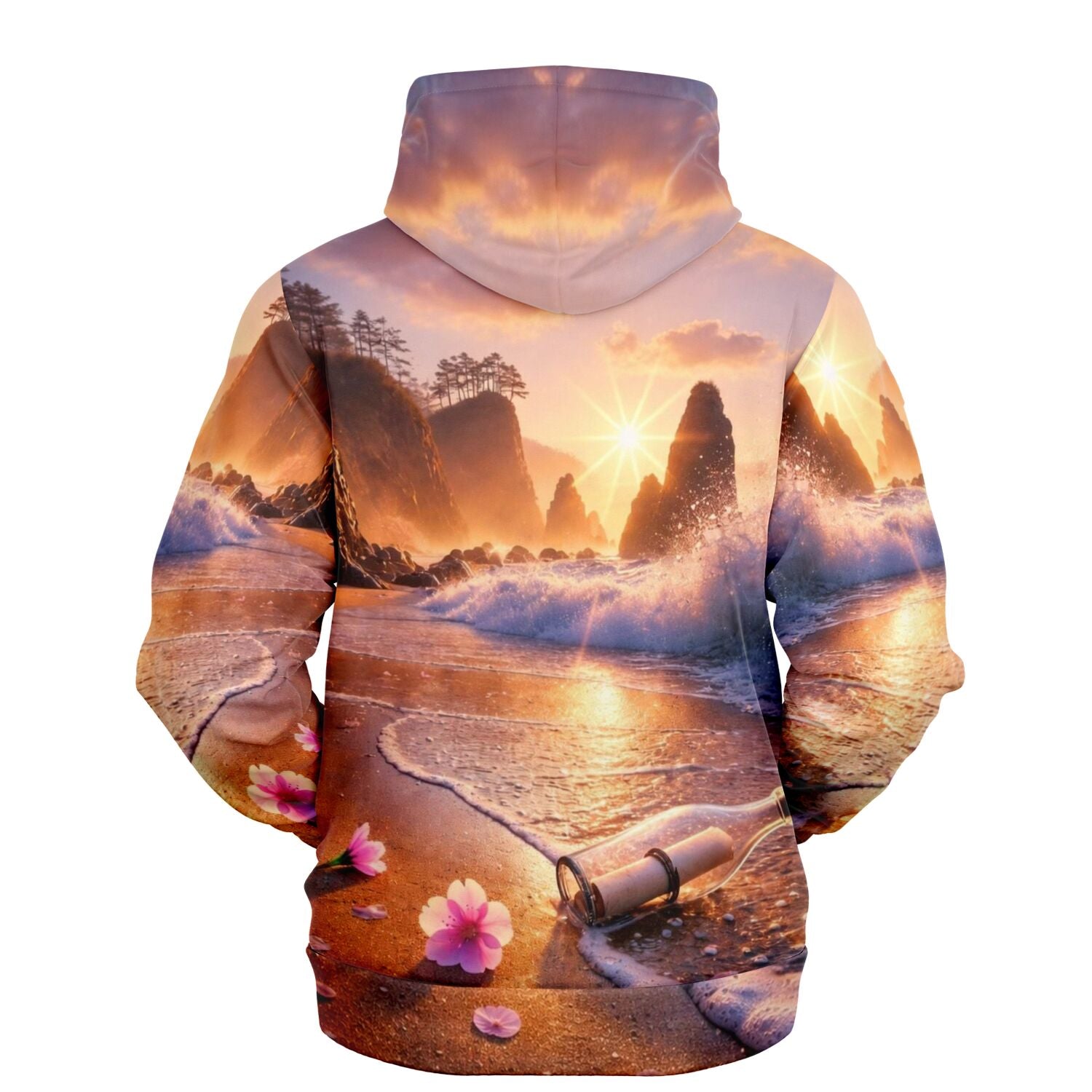 Dreamer Hoodie mit malerischem Motiv einer Flaschenpost am Strand bei Sonnenuntergang, ideal für Fans von Malen nach Zahlen