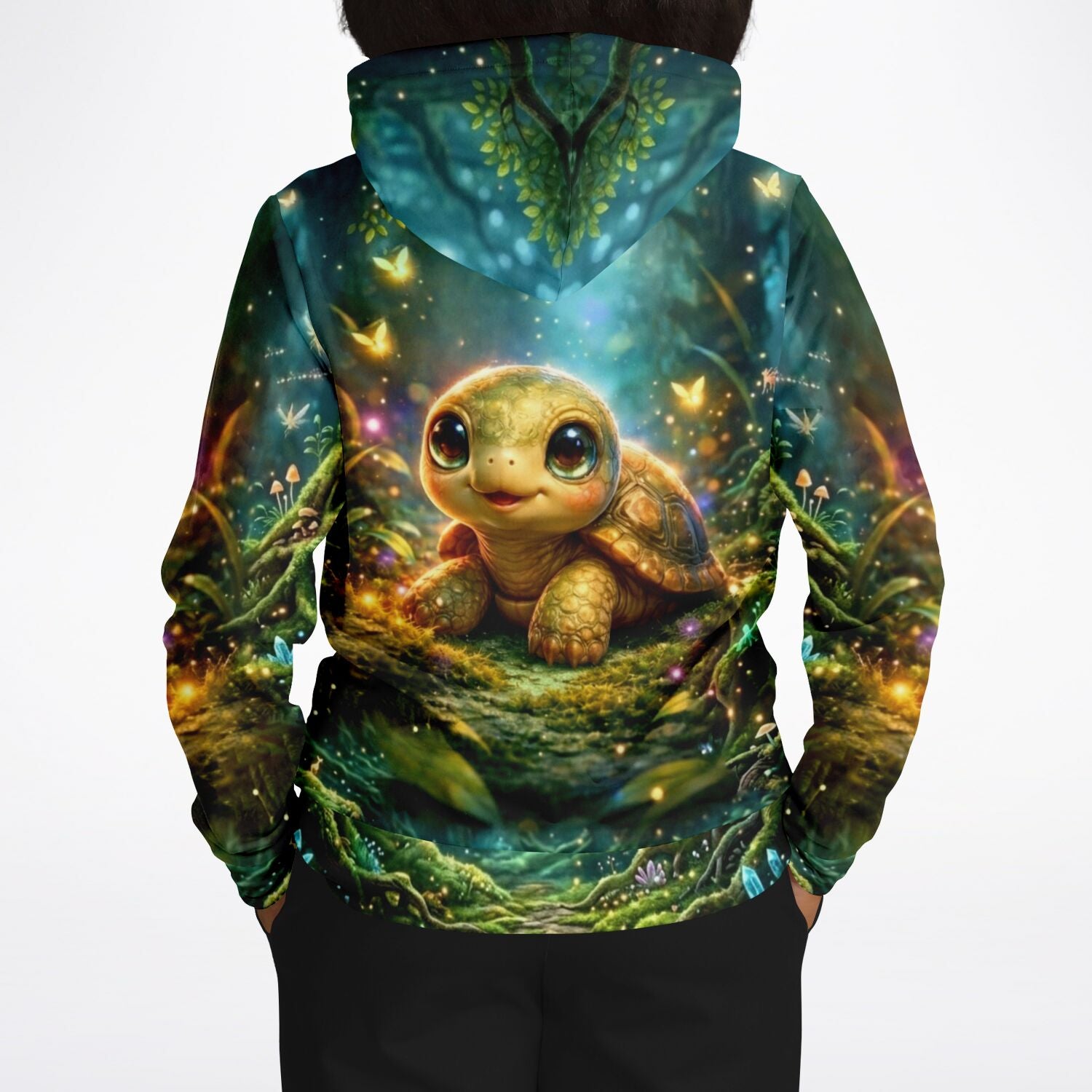 Hoodie mit süßer Baby-Schildkröte im magischen Wald, AOP-Druck inspiriert von Diamond Painting und Malen nach Zahlen Motiven