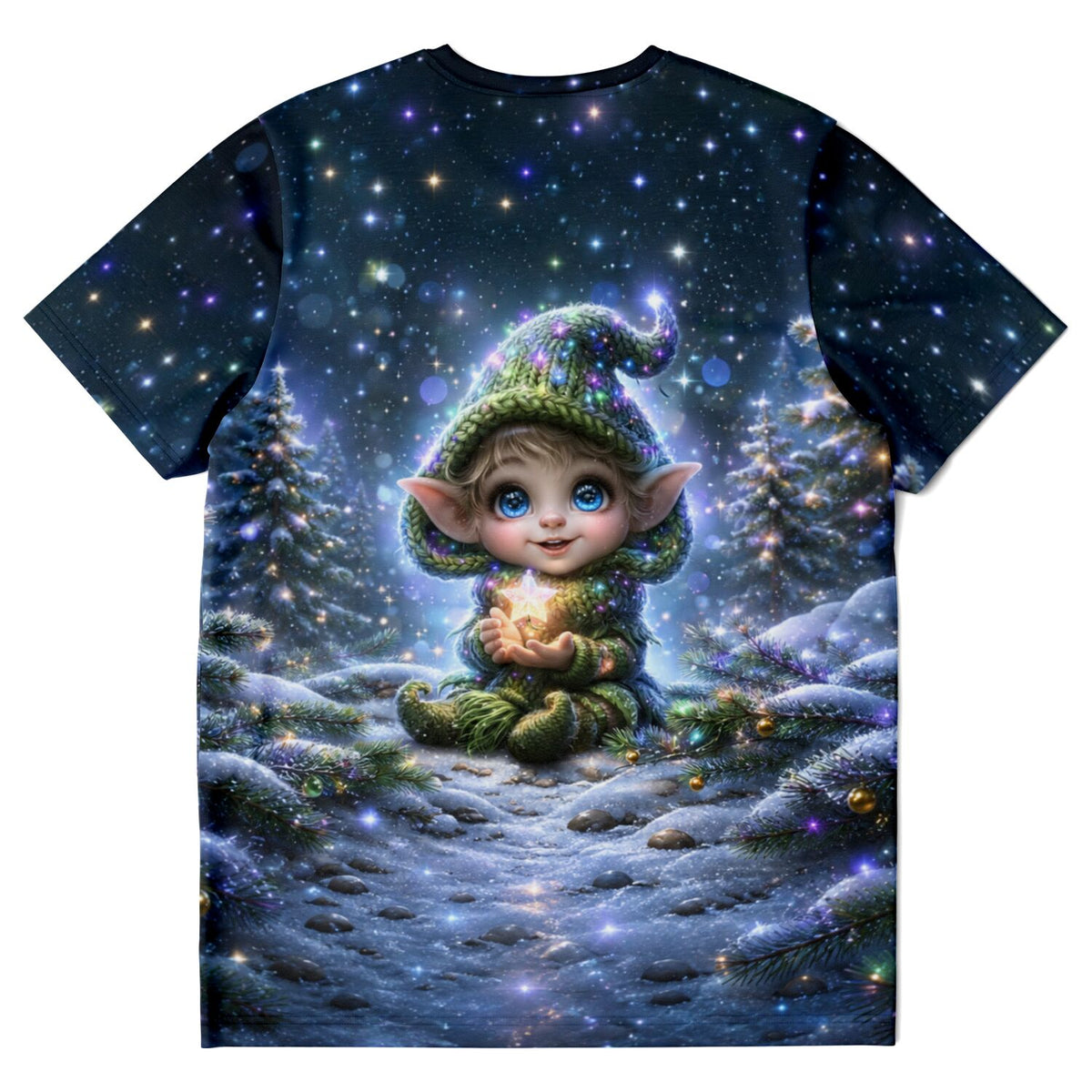 T-Shirt mit weihnachtlichem Elfen-Motiv, inspiriert von Diamond Painting Kunst in einer verschneiten Winterlandschaft.
