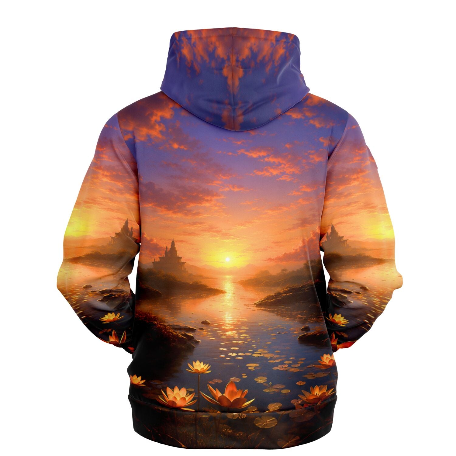 Dreamer Hoodie mit stimmungsvollem Sonnenuntergang, Lotusblüten und Tempel, stilistisch wie ein Malen nach Zahlen Kunstwerk