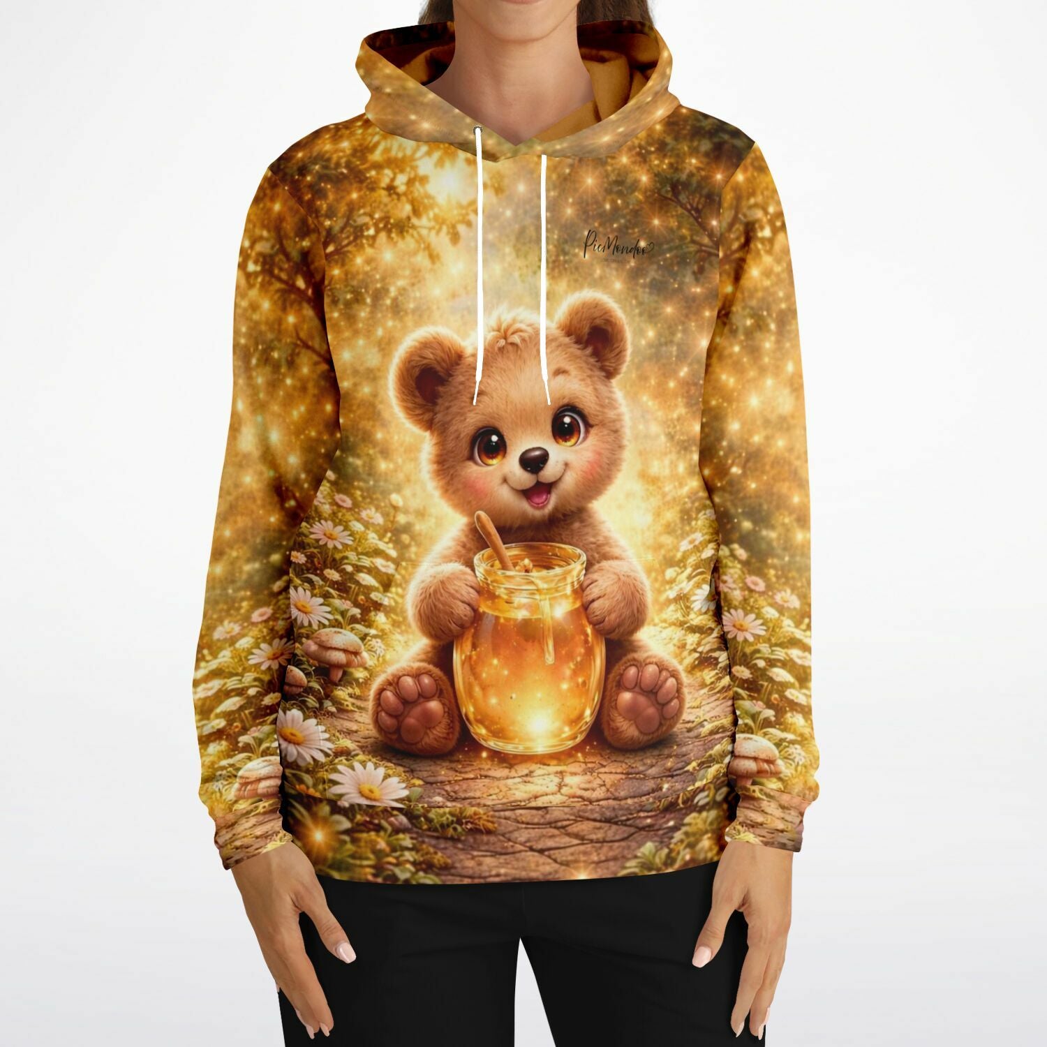 Dreamer Hoodie mit niedlichem Teddybär-Motiv, inspiriert von Diamond Painting Kunst in warmen Goldtönen mit Blumen.