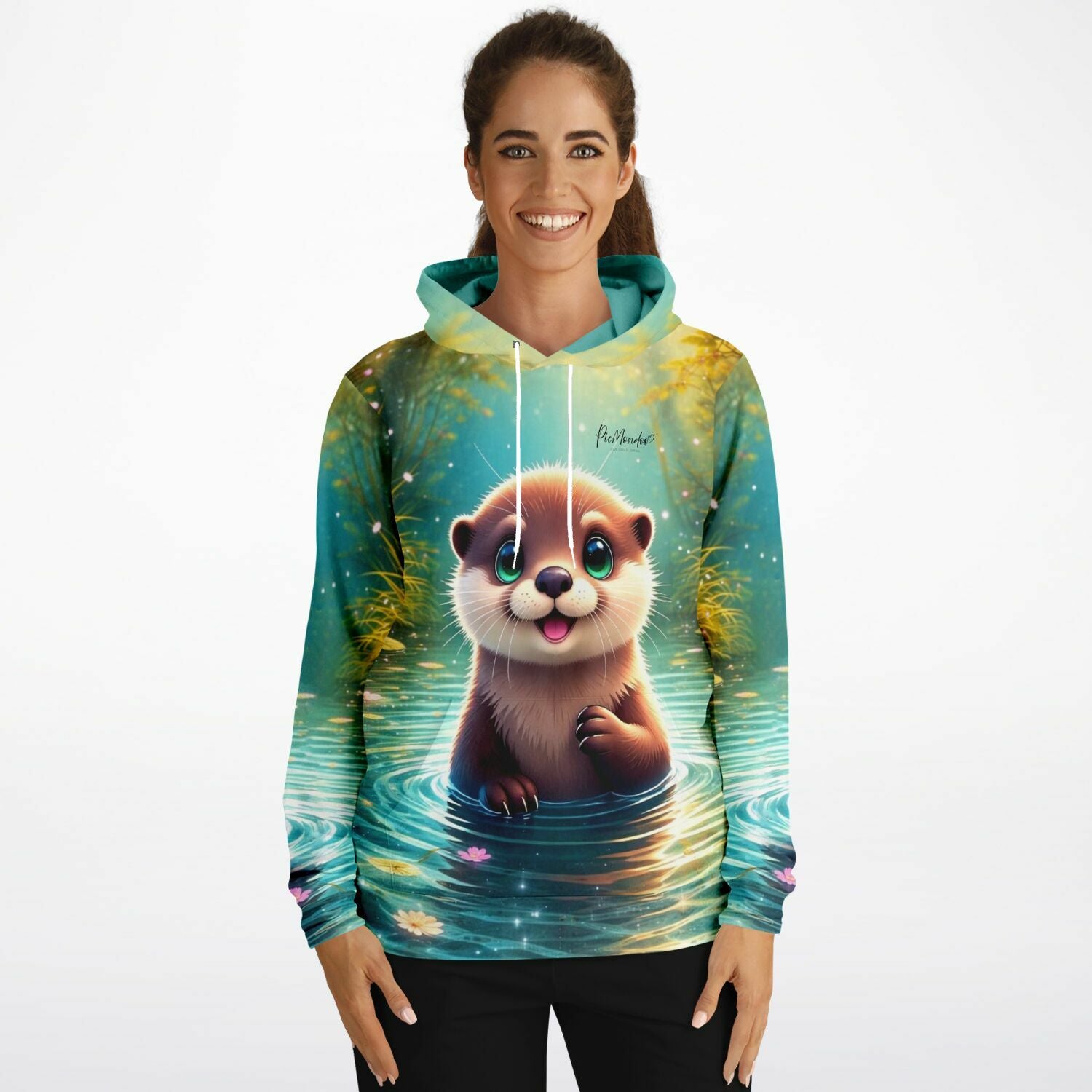 Frau trägt Dreamer Hoodie mit süßem Otter-Motiv – ideal für Fans von Diamond Painting und Malen nach Zahlen Designs