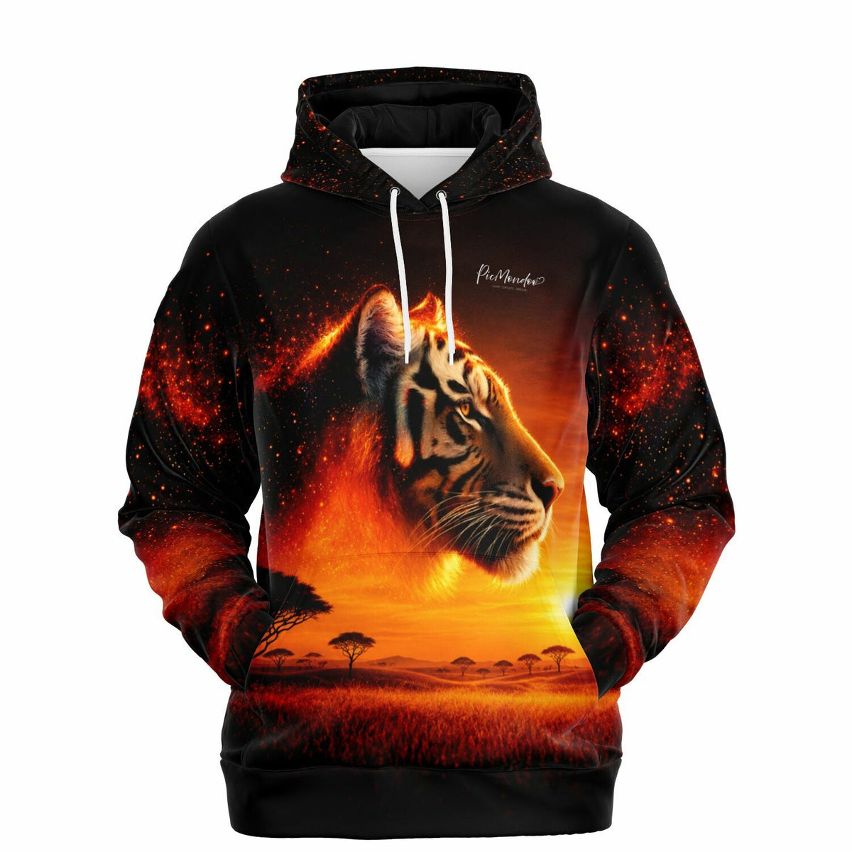 Schwarzer Dreamer Hoodie mit Tiger-Motiv im Feuer-Design, passend zu den Picmondoo Diamond Painting und Malen nach Zahlen