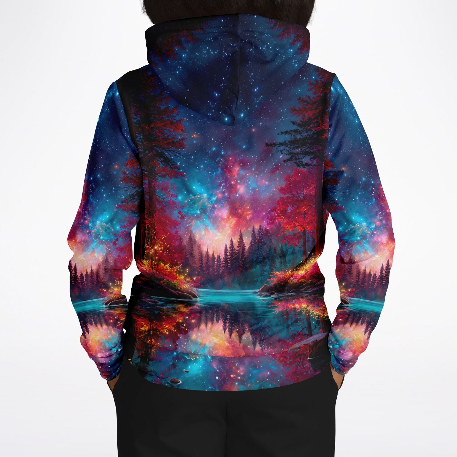 Dreamer Hoodie mit farbenfrohem Galaxie- und Waldmotiv im Stil kreativer Diamond Painting und Malen nach Zahlen Designs