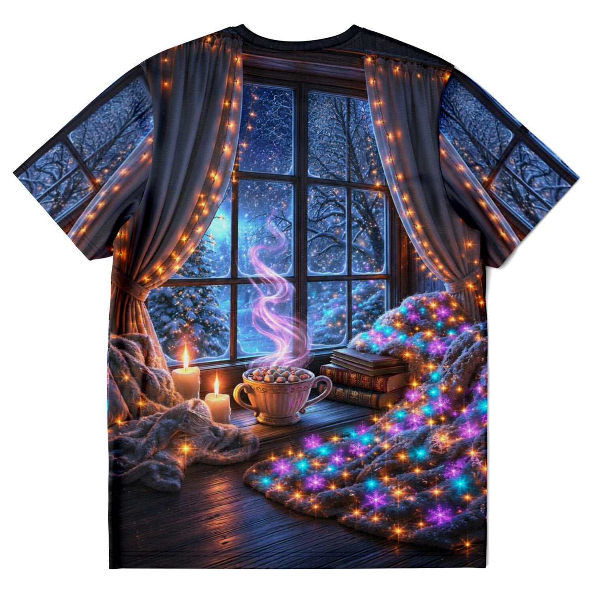 T-Shirt mit weihnachtlichem Fenster-Motiv, dampfender Tasse und Lichterkette im Stil von Diamond Painting Kunst