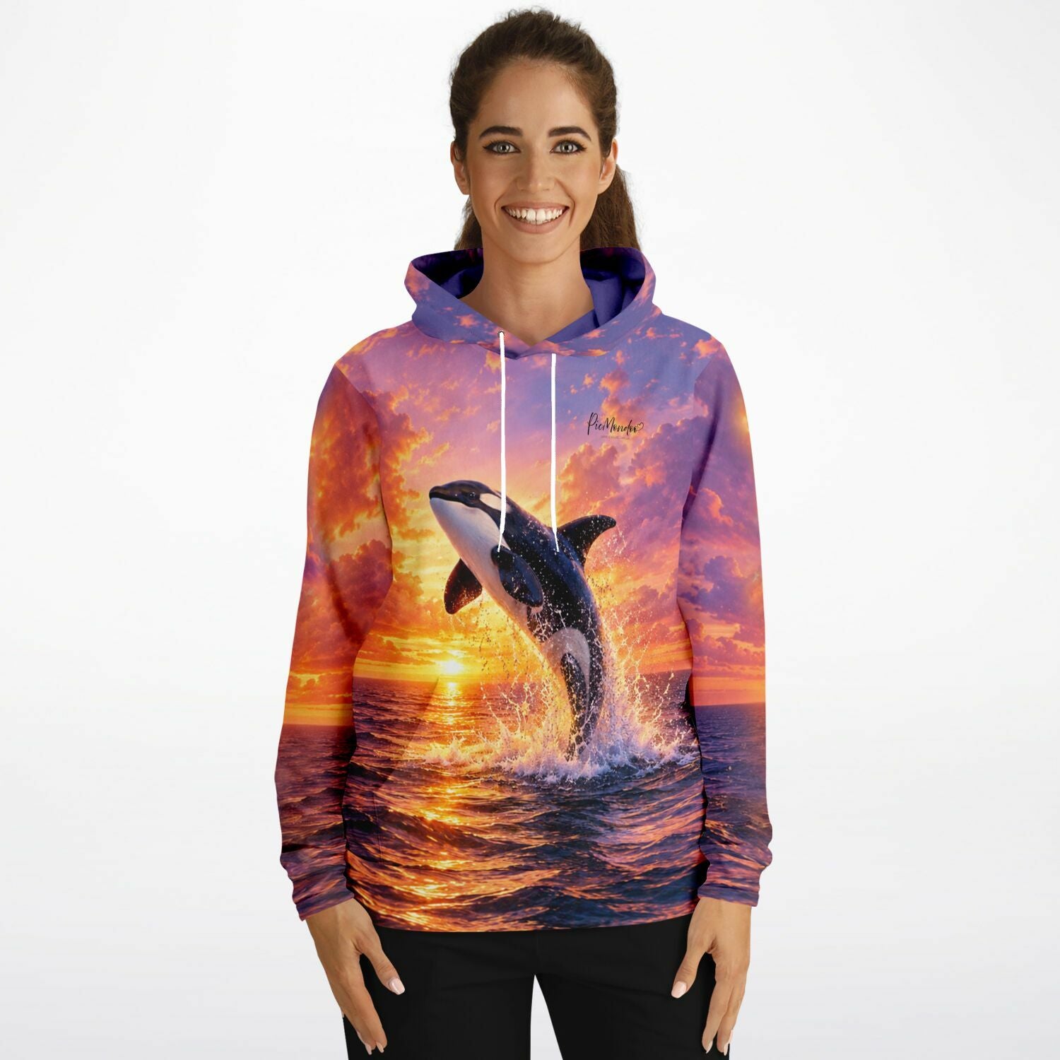 Lässiger Hoodie mit Orca-Motiv vor Sonnenuntergang, passend zu unseren kreativen Malen nach Zahlen und Diamond Painting Sets