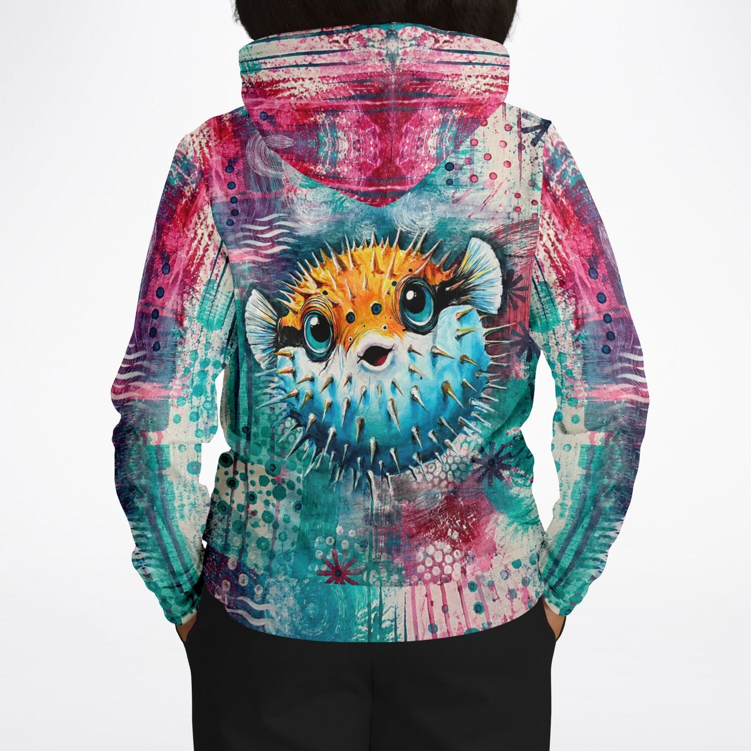 Hoodie mit buntem Kugelfisch-Motiv, inspiriert durch kreative Kunst wie Diamond Painting und Malen nach Zahlen