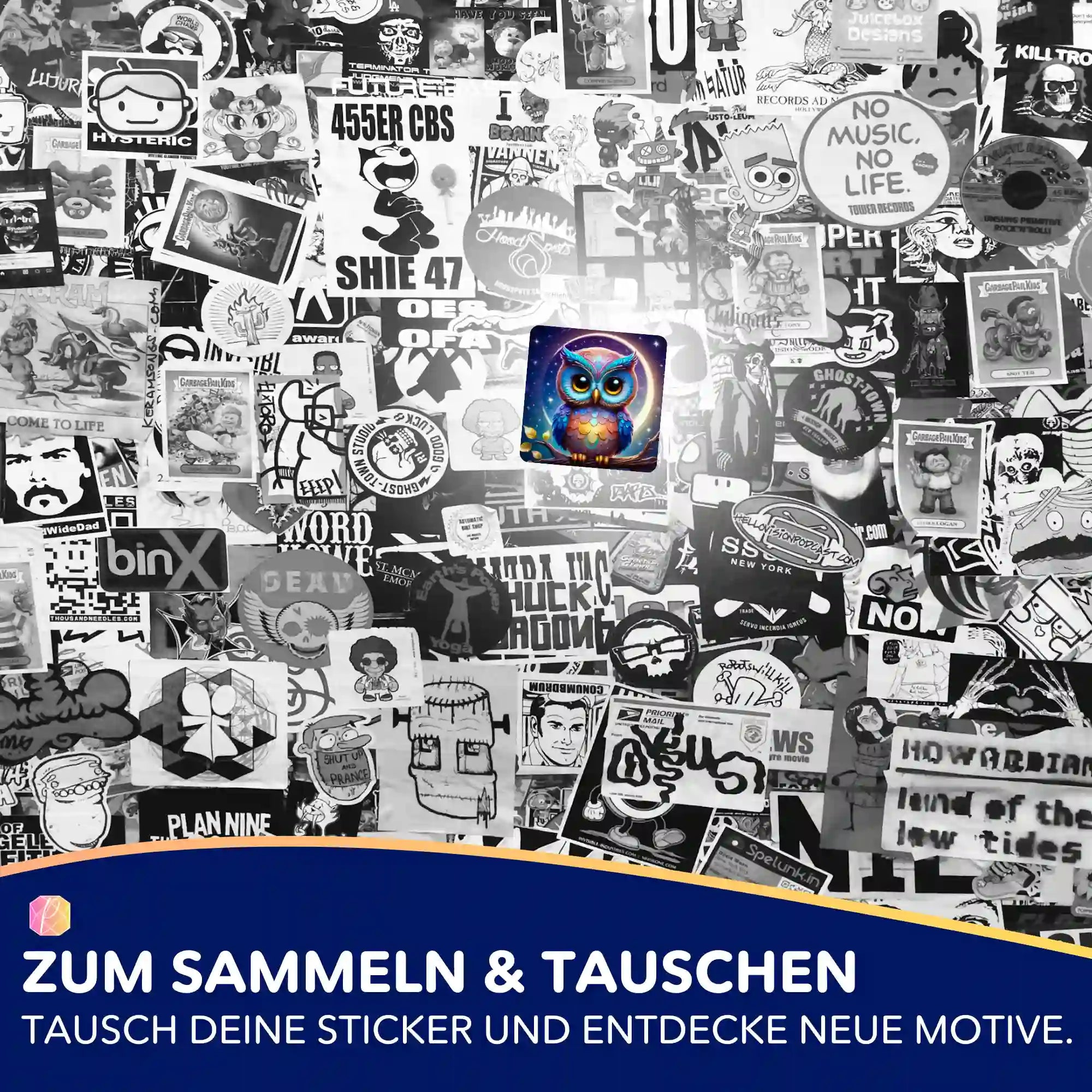 Buntes Eulen-Sticker-Motiv Oskar aus dem Picmondoo Diamond Painting Set zur Organisation von Bastelzubehör oder zum Sammeln.