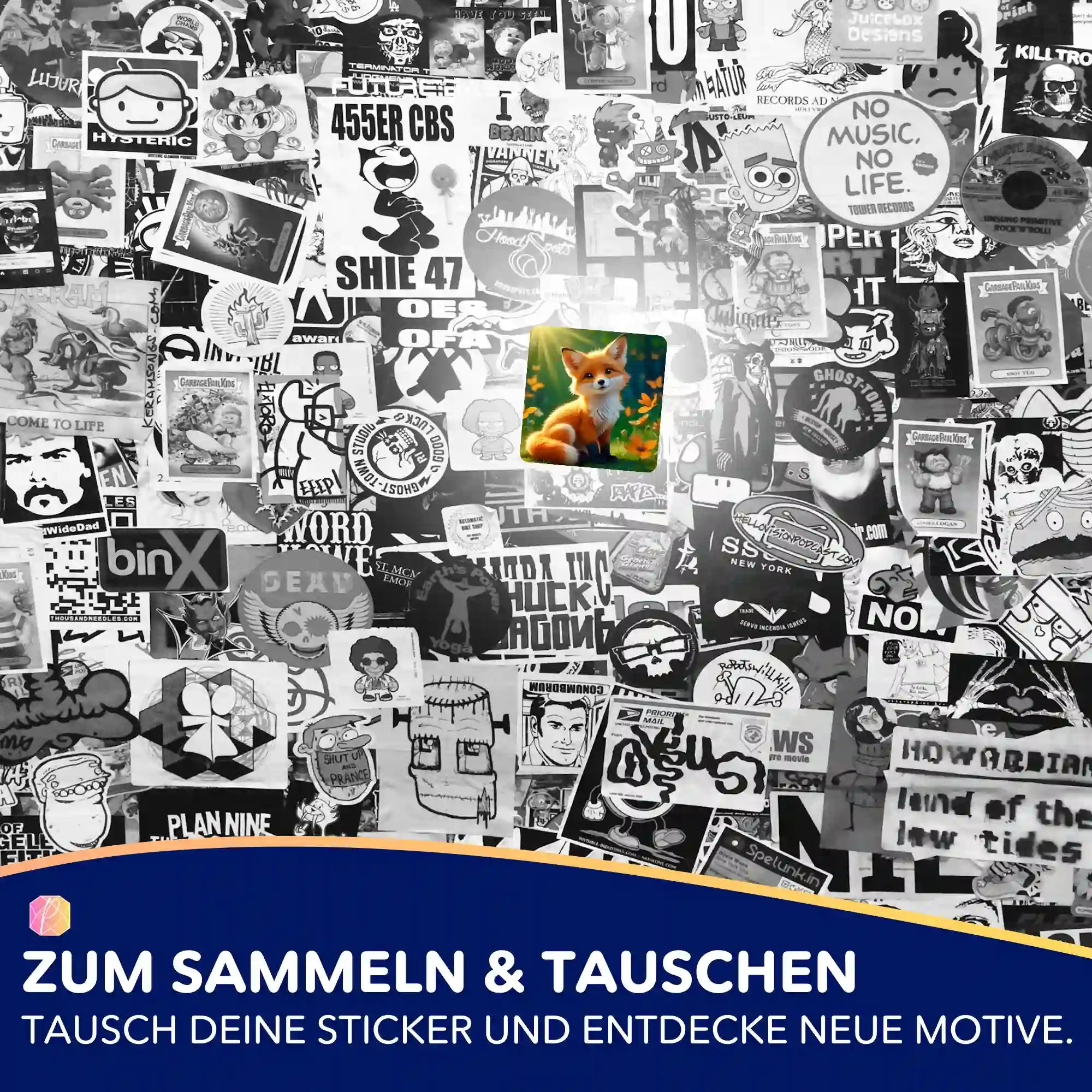 Foxy Casper Sticker aus dem Picmondoo Diamond Painting Set auf einer Collage aus verschiedenen Aufkleber-Motiven