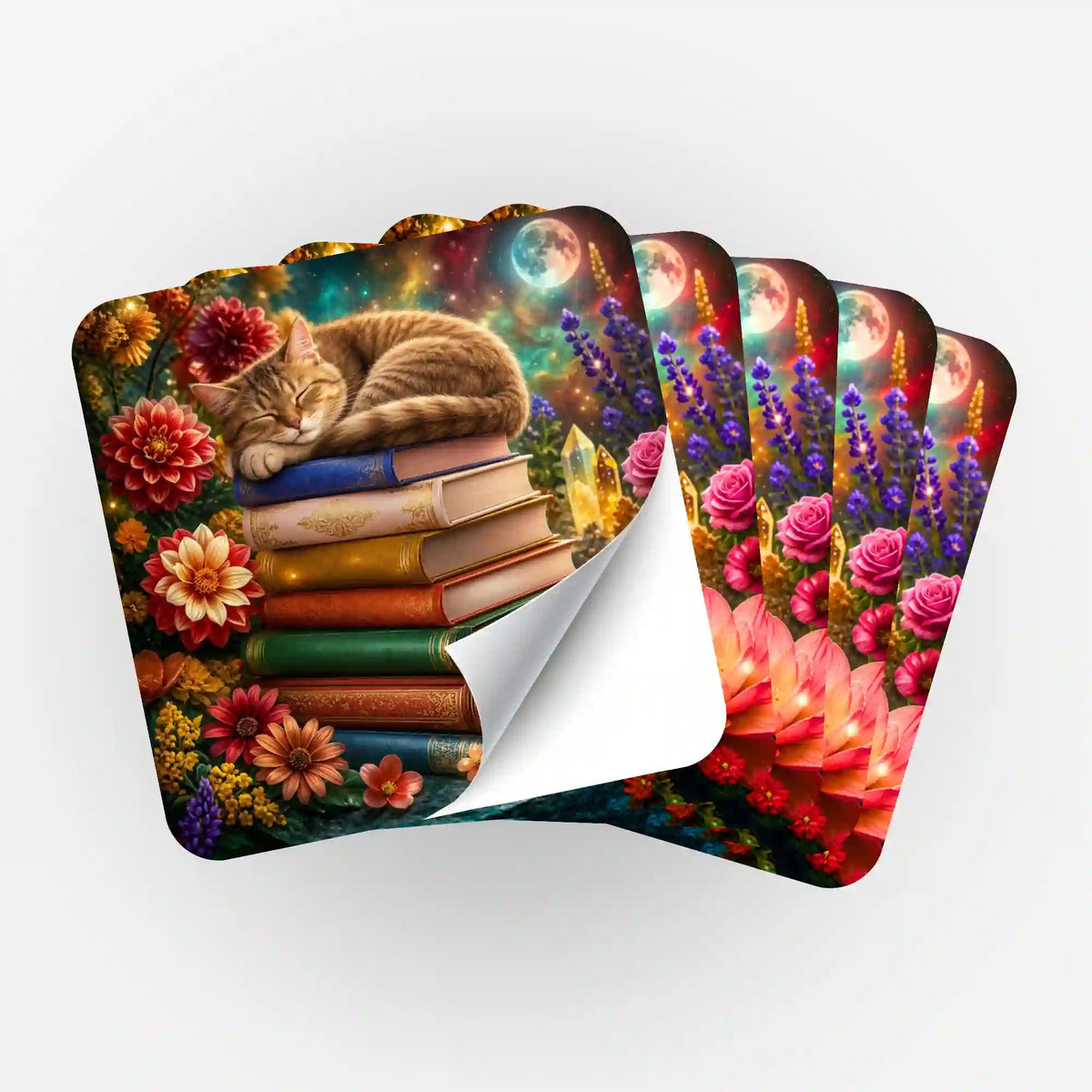Diamond Painting Aufkleber 5er-Set Bücherträumerei mit schlafender Katze auf buntem Bücherstapel